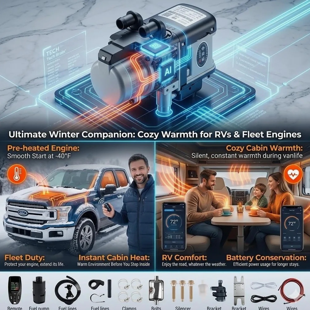 Calefacción Estacionaria de Agua 5,2KW 12V/24V Precalentador de Motor Diesel con Bomba de Agua Silenciosa para Camión Camper Caravana Barco y Vehículos Industriales Kit(24V)