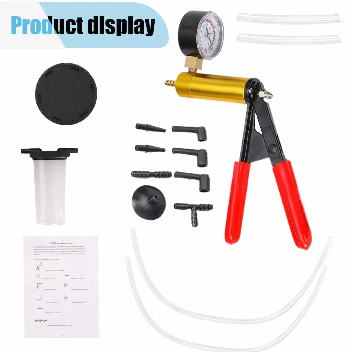 LAINLOY Kit de purga de frenos 2 en 1, sistema de purga de freno y embrague, kit de purga de líquido de frenos con adaptadores, bomba de vacío de mano, funda protegida, juego de prueba de bomba de
