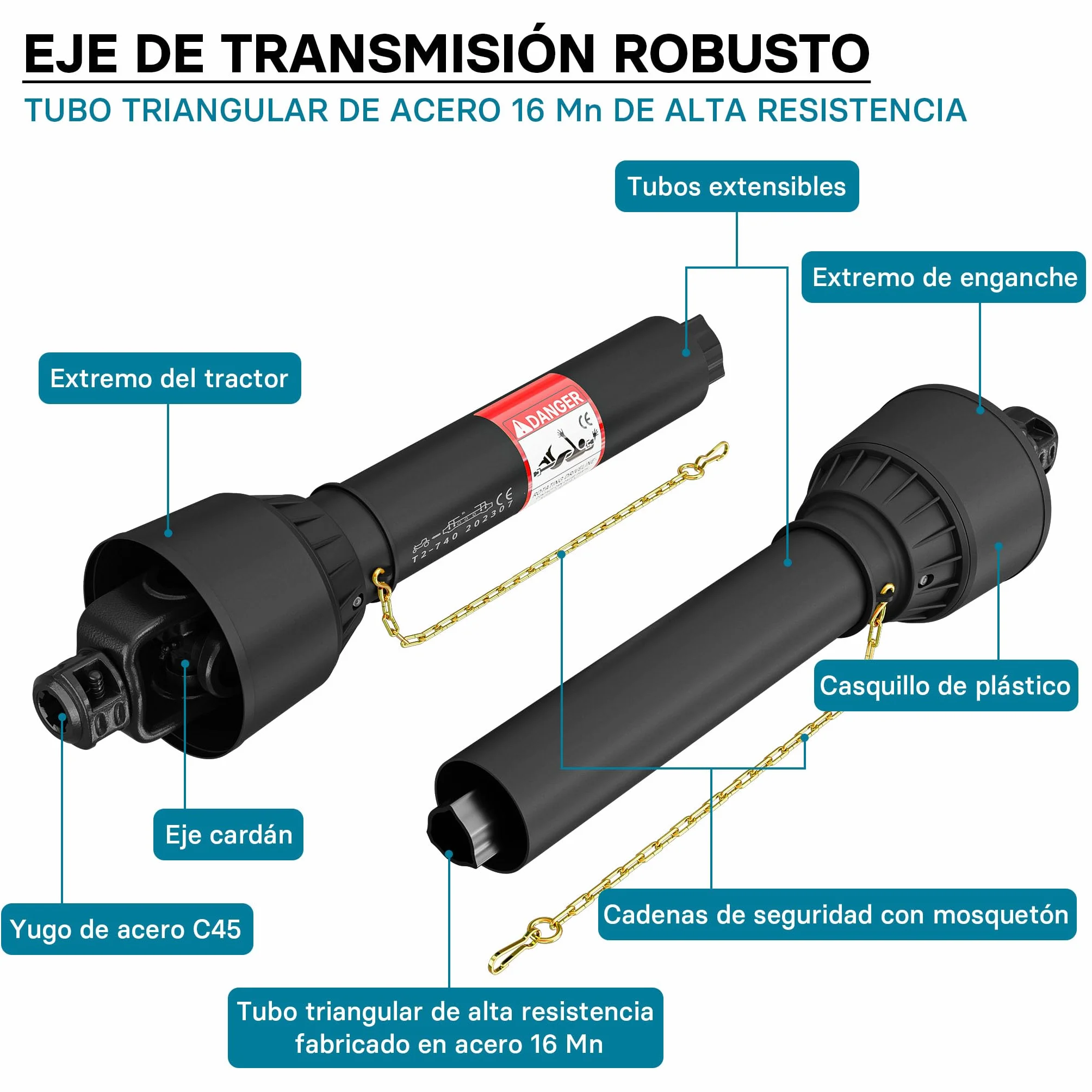 WilTec Toma de Fuerza T2 Eje transmisión cardán 740-960mm 270Nm 540rpm PTO 23KW (31CV) 2X 1 3/8" 6 Dientes
