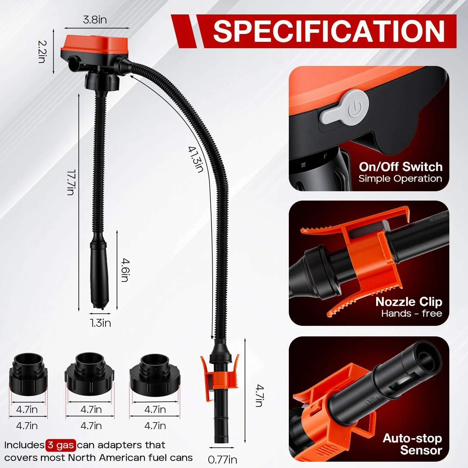 Bomba Combustible Eléctrica con Parada Auto 12L/min, Bomba Eléctrica de Transferencia de Combustible para Gasolina, Diésel y Aceite, Bomba Gasolina Bomba Gasoil para Coche Generador, con 3 Adaptadores