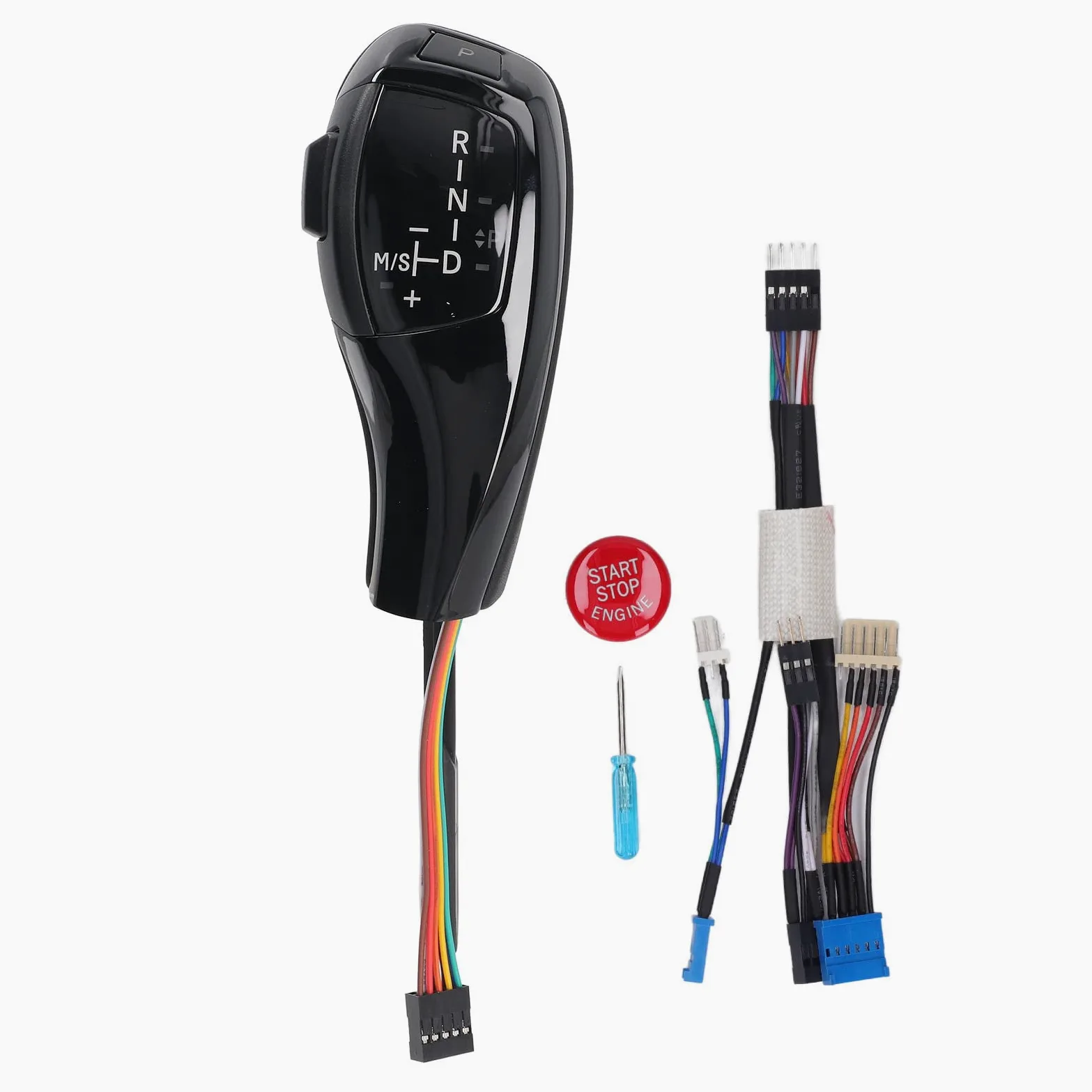Kit de actualización de cabezal de palanca de cambios con perilla de palanca de cambios LED, mango LED estilo serie F con botón de arranque y parada del motor, agarre de cuero PU (Negro brillante)