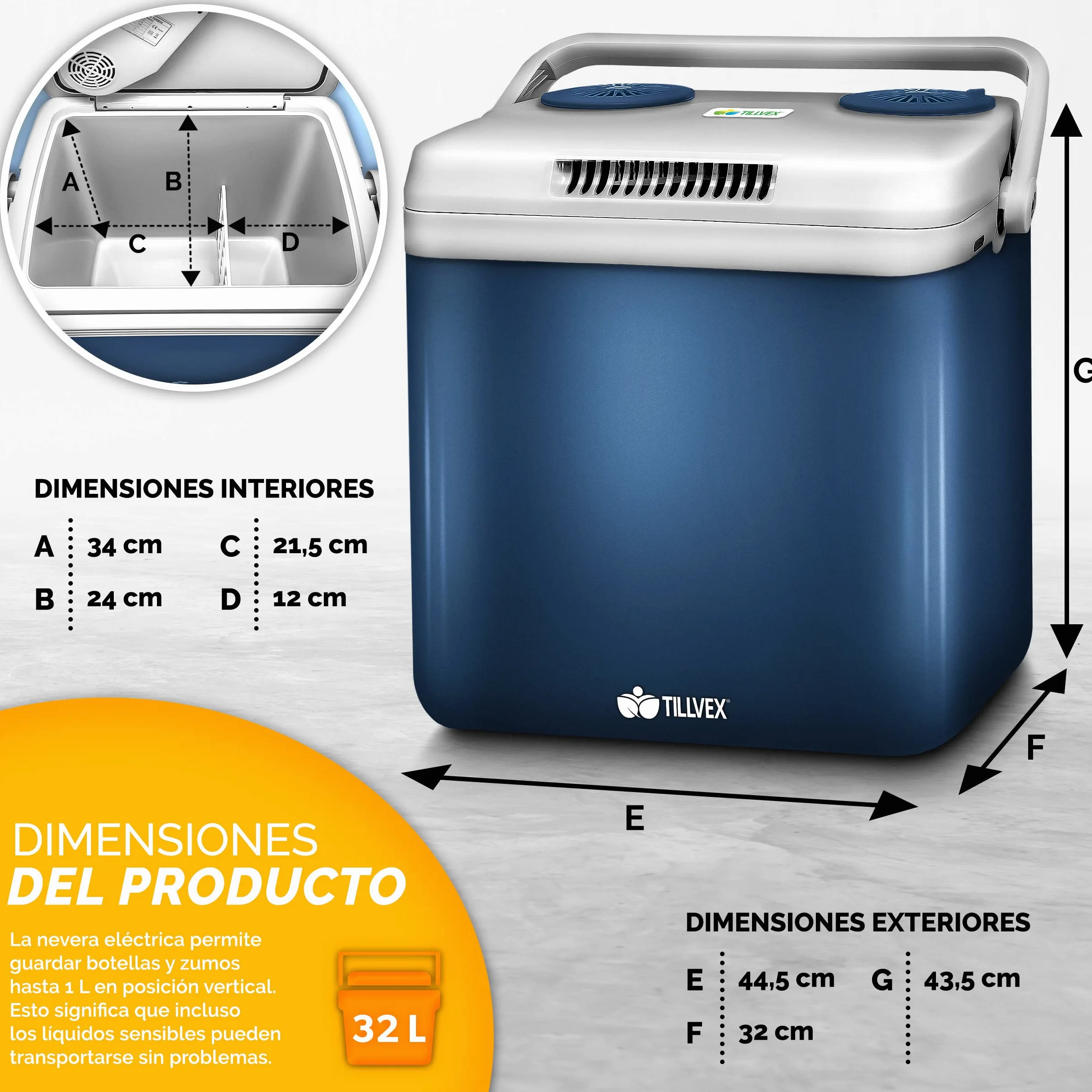 tillvex Nevera portátil eléctrica de 32 litros | Mini Nevera portátil de 230 V y 12 V para vehículos Coches Camping | Enfría y calienta | Modo ecológico