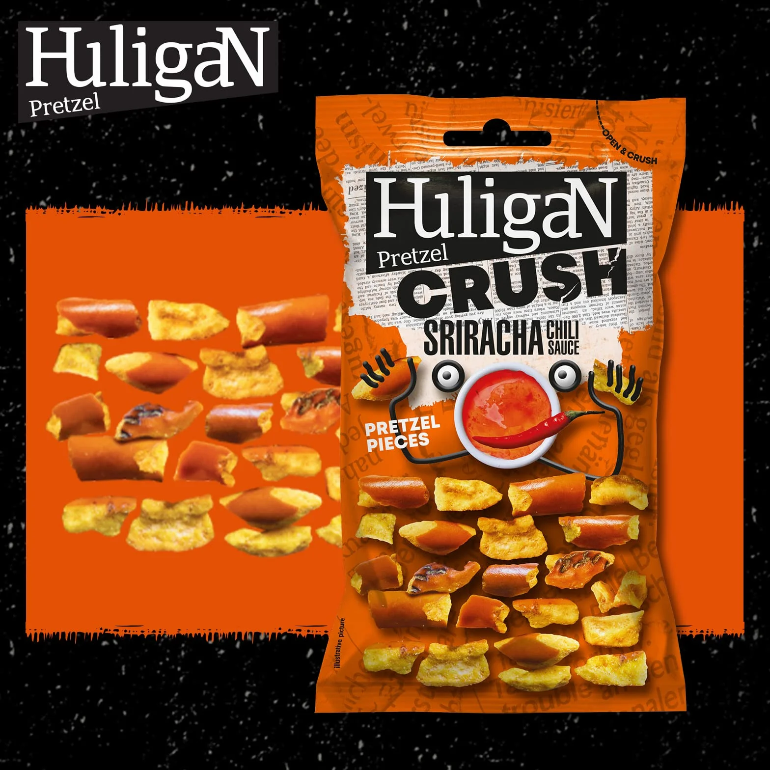 Huligan Pretzel Pieces Sriracha Salsa de Chile 65g Pack de 6