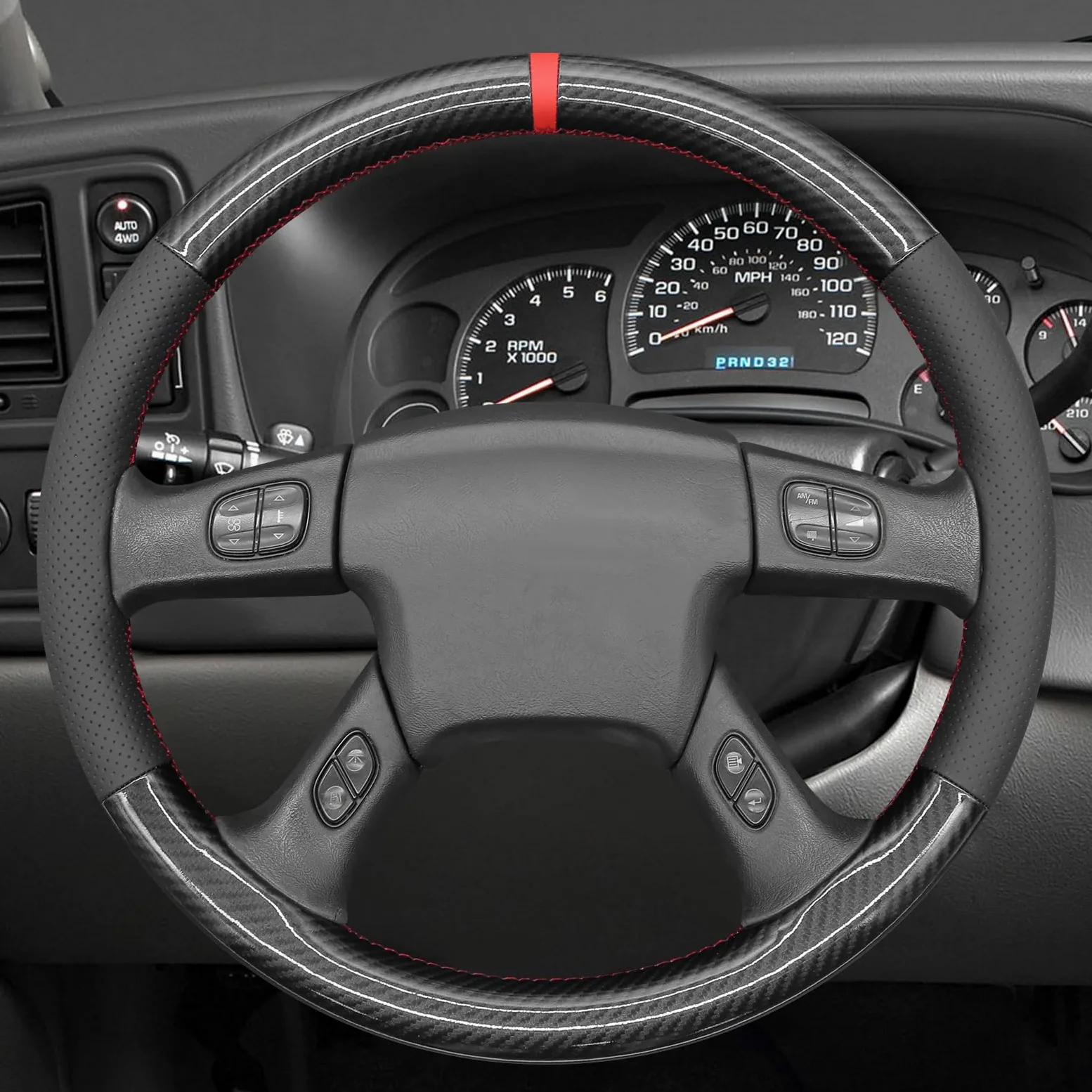 MEWANT Funda para volante de cuero y fibra de carbono cosida a mano para Chevrolet Silverado 2003-2007, protector de volante, accesorios para volante