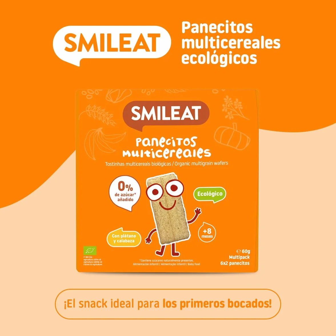 Smileat Panecitos Multicereales Snack +8 Meses Ecológicos Sin Gluten Sin Azúcar Añadido Pack 9 x 60 g
