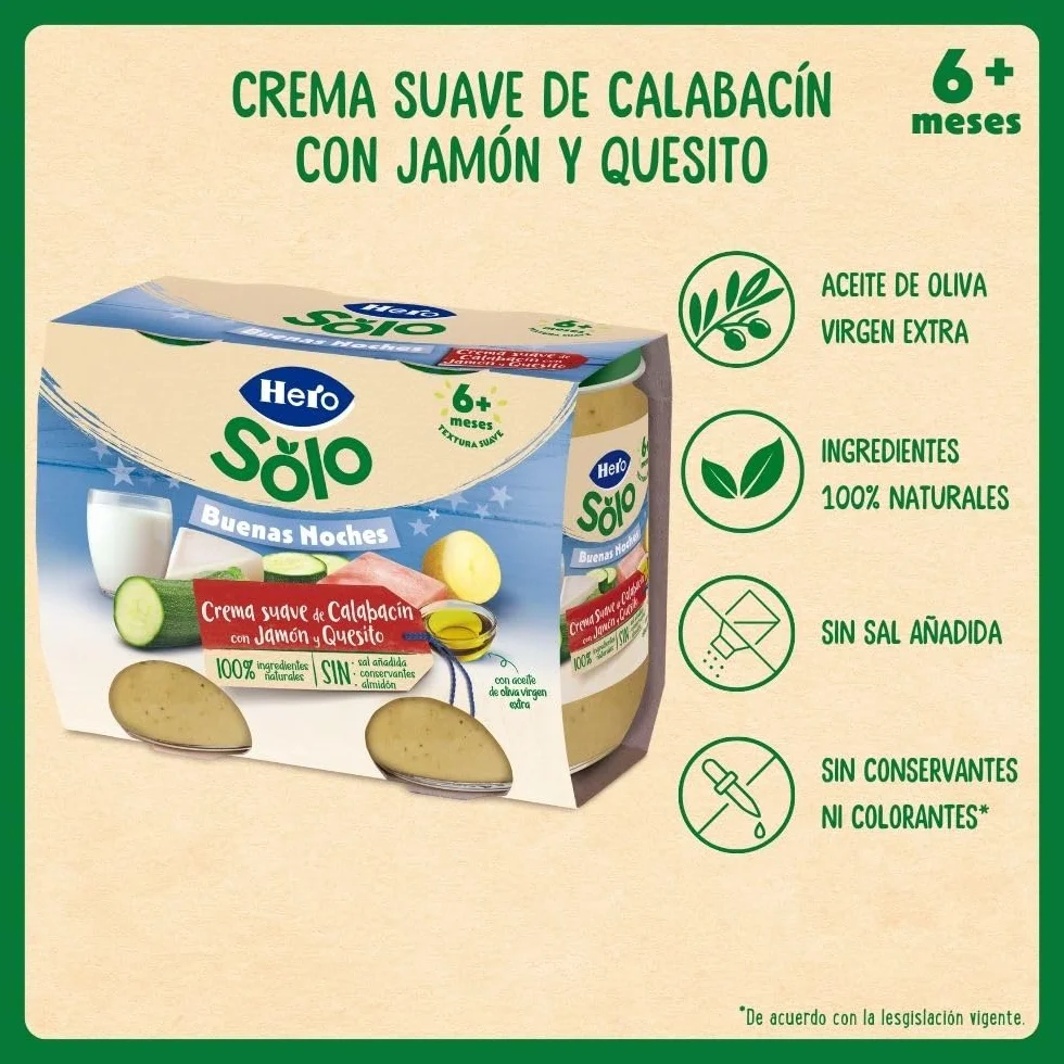 Hero Baby Buenas Noches Tarritos de Crema de Calabacín, Jamón y Quesito, 2 x 190g