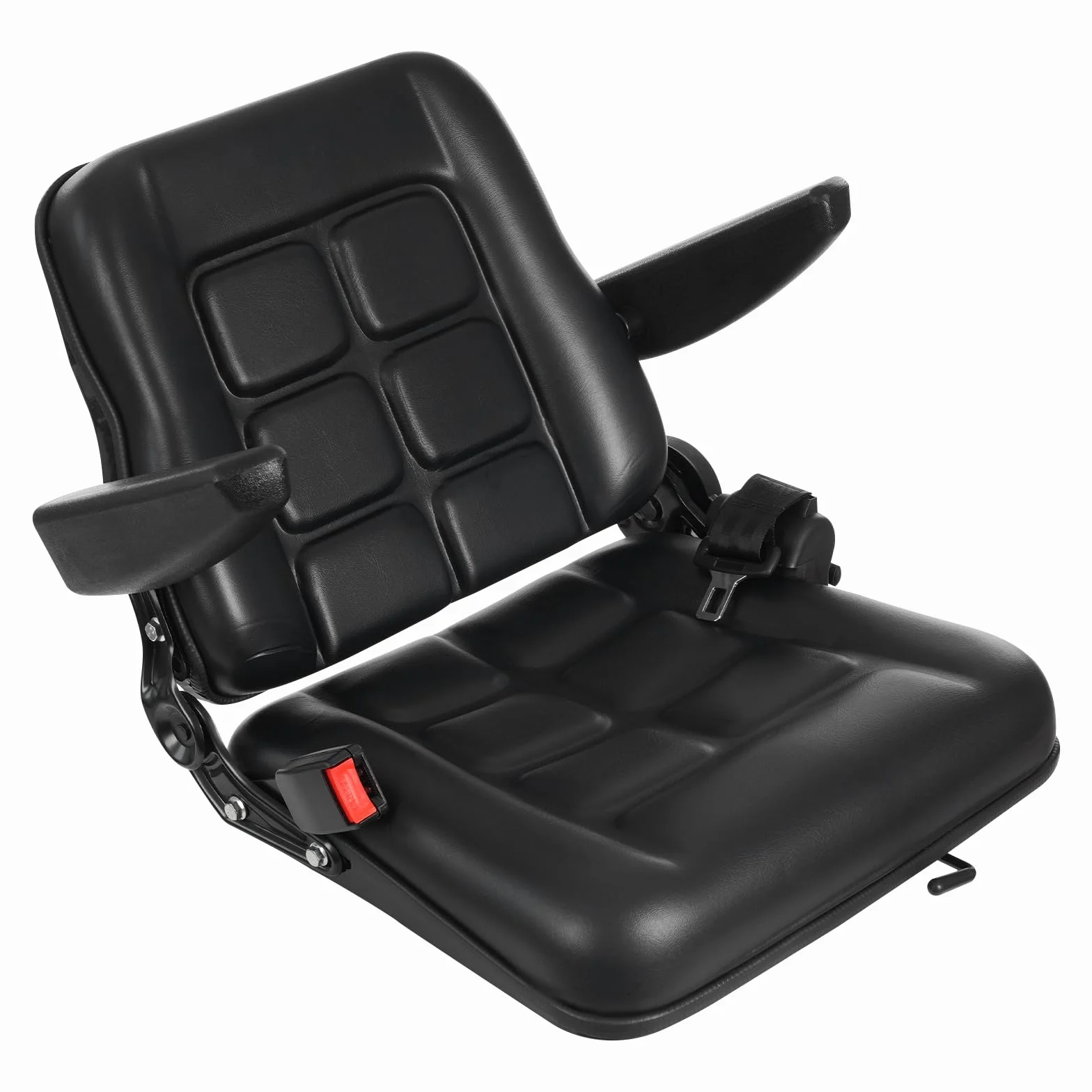 Asiento universal para carretilla elevadora, 47 x 42 x 48 cm, esponja suave con cinturón de seguridad, respaldo ajustable, reposabrazos y riel deslizante, asiento de PVC impermeable para tractor