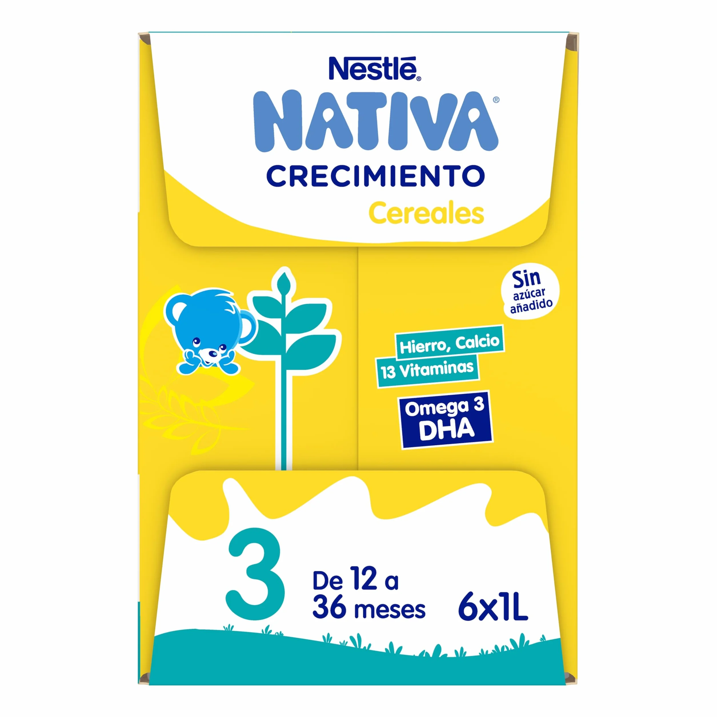 NESTLÉ NATIVA Leche de crecimiento líquida con Cereales sin azúcar añadido 1 año 6 bricks 1L