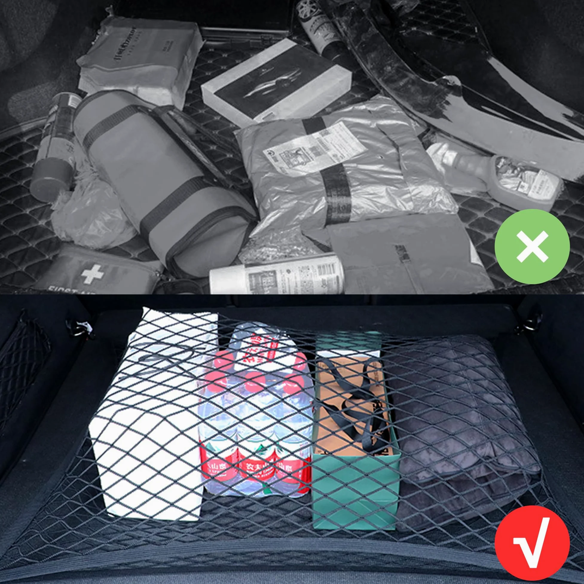 Red de carga para SUV con ganchos, red organizadora de almacenamiento ajustable altamente elástica para coche, camionetas, organizador de malla de 2.6 x 2 pies, se estira hasta 5 x 4 pies, esencial