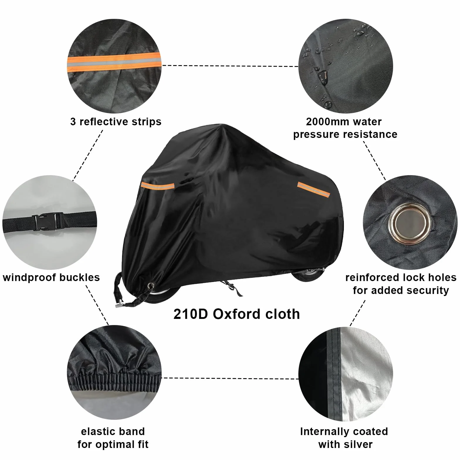 USHOP Funda para Moto Exterior XXL,Funda Moto,Tejido Oxford 210D,protección UV,con Bandas Reflectantes,Orificio para candado y Correas antiviento,para Motos,Scooter(245x105x125 cm)