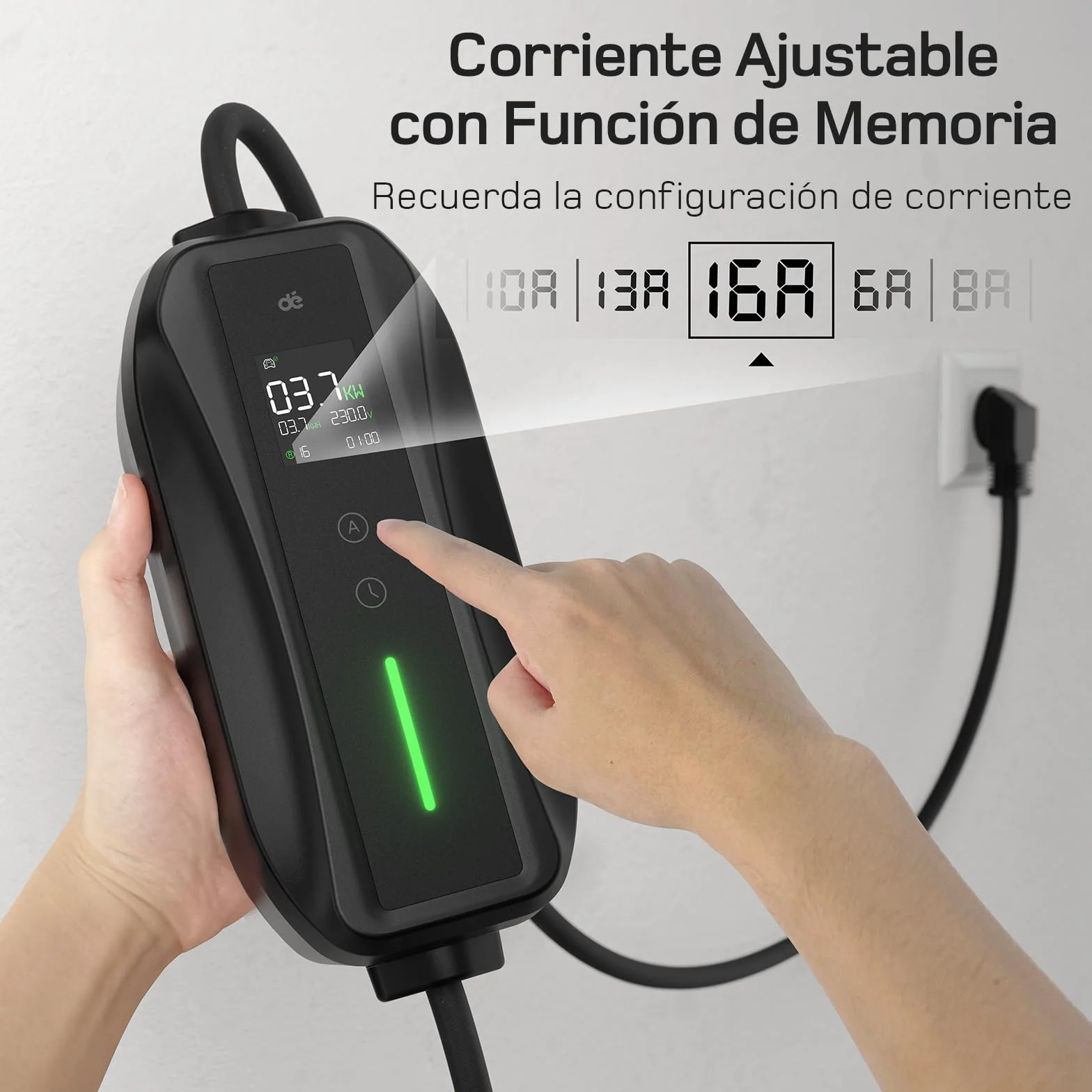 Cargador Coche Electrico 6m Tipo 2 Portatil 3,7kW 6-16A con Enfuse Schuko para Model Y/3 y BEV/PHEV