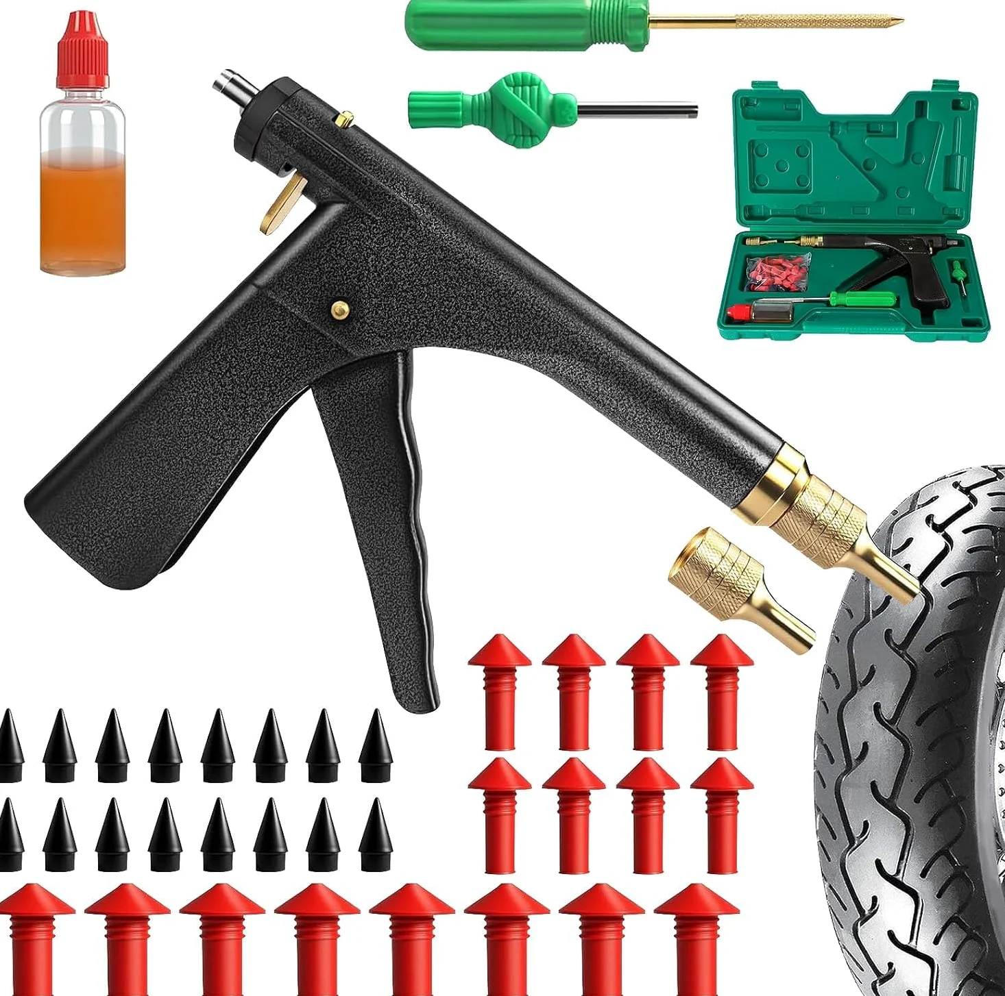 Kit de Reparación de Neumáticos Tapón Champiñón, Todo-en-Uno con Pistola de Gatillo para Emergencia en Carretera, Fijación Rápida en 10 Segundos para Coches, Motocicletas, Camiones, ATV y Tractor
