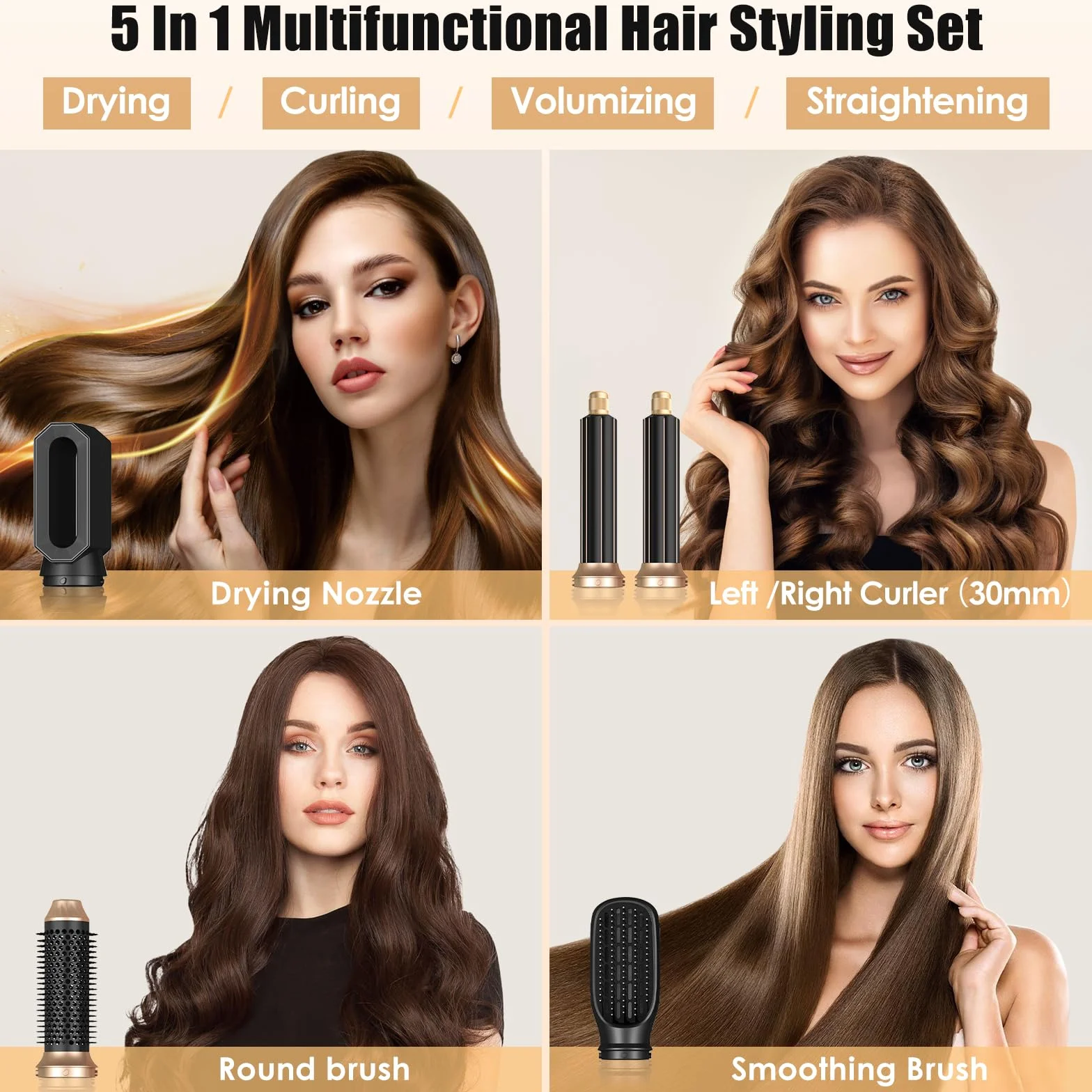 Cepillo Secador de Pelo 5 en 1 1000W Air Styler Multifunción con Ionizador, 3 Temperaturas, Alisa y Seca