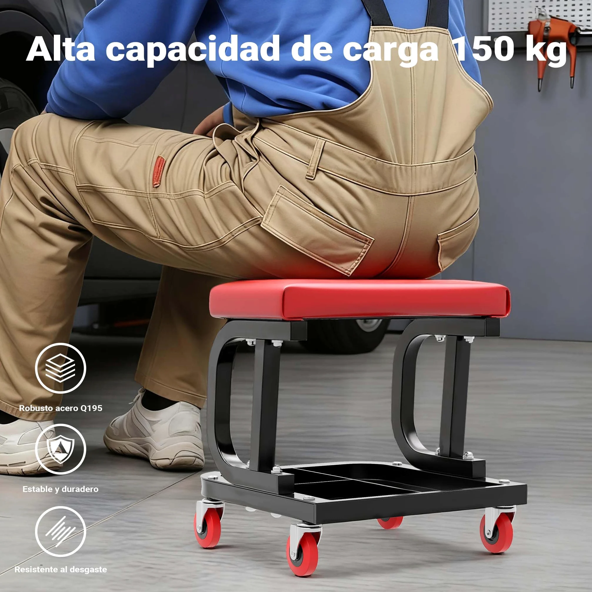 WilTec Asiento Taller Taburete Trabajo Móvil Ruedas Bandeja Porta Herramientas Almacenaje Taller mecánico