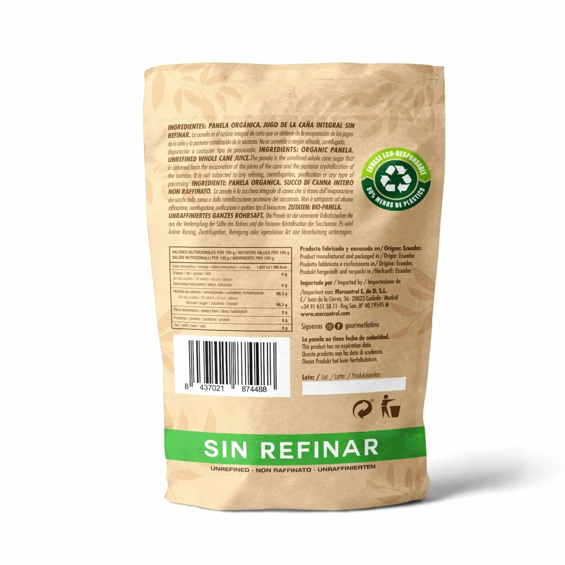 Panela Orgánica 500 g Rica en Vitaminas y Minerales Antioxidantes de Caña de Azúcar Sin Refinar