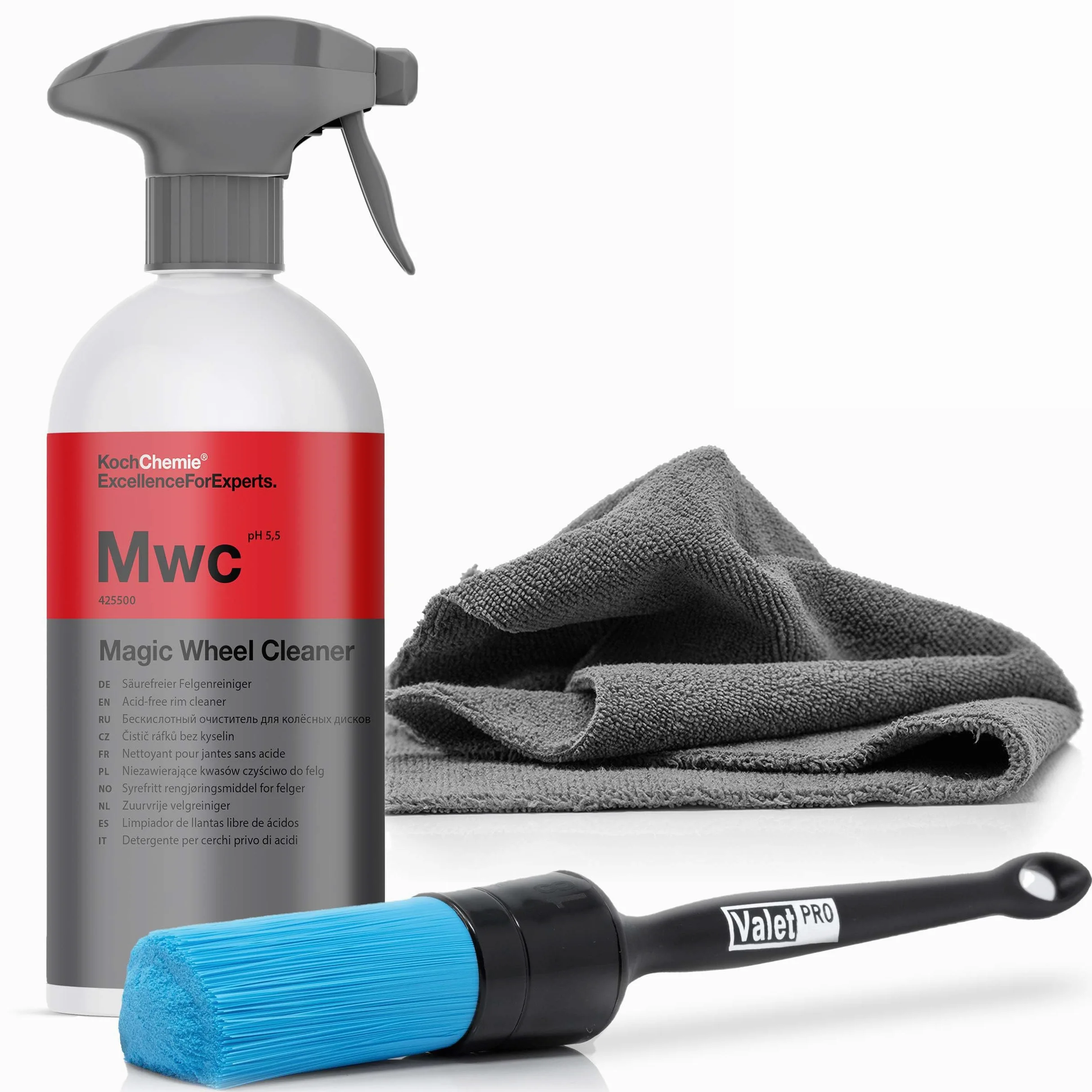 Koch Chemie MWC Magic Wheel Cleaner Set 500 ml Limpiador de Llantas sin ácido con Cepillo ValetPro y Paño de Microfibra