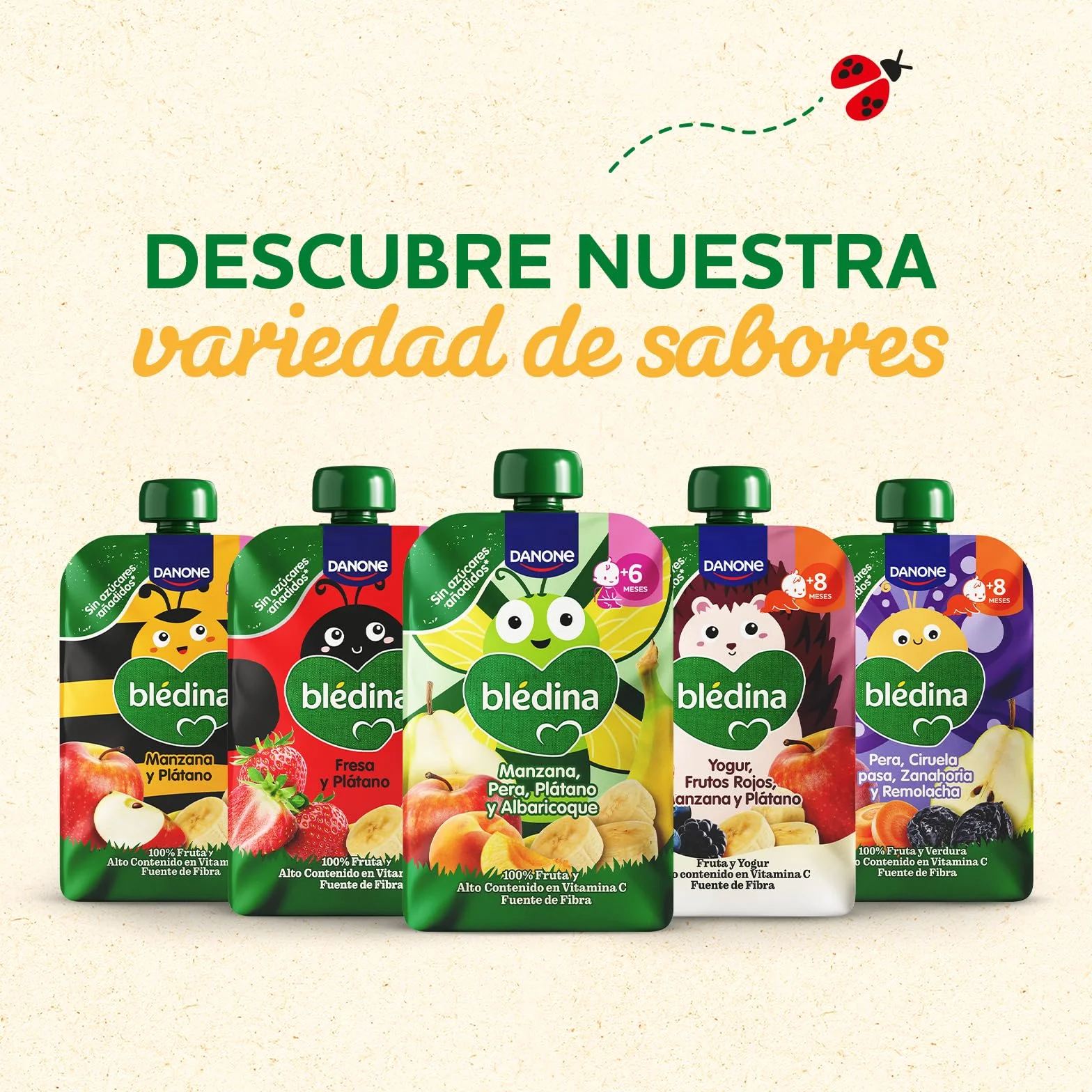 Blédina Bolsita de Manzana, Pera, Platano y Albaricoque para Bebé, 100% Fruta, Sin Azúcares Añadidos, Vitamina C, Fibra, 6 Meses, 100g
