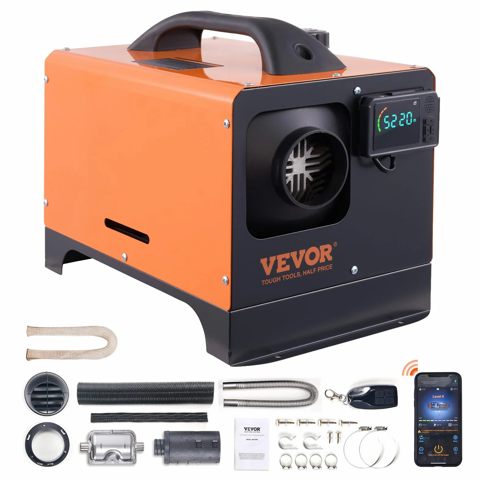 VEVOR Calentador Diésel Portátil 12V 8kW Todo en Uno 0,16-0,62 L/h 8~36°C 20-25 m² LCD Bluetooth Mando a Distancia Depósito 5 L