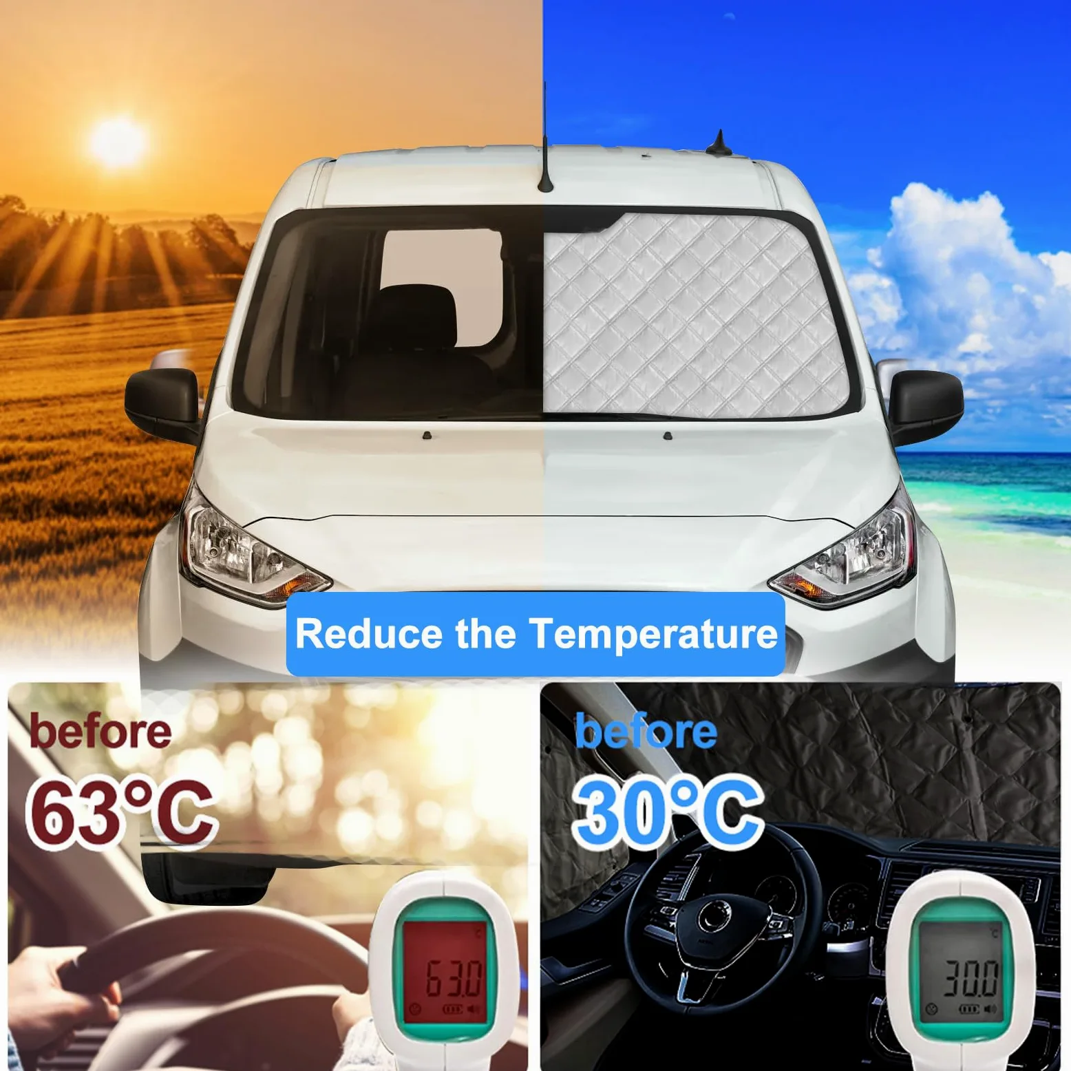 Parasol para Parabrisas Compatible con Ford Grand Tourneo Connect (LWB) 2013-2022, 12 Piezas Juego de Protector de Parabrisas, Juego de Ventana de Persiana Térmica Interior con Bolsa Almacenamiento