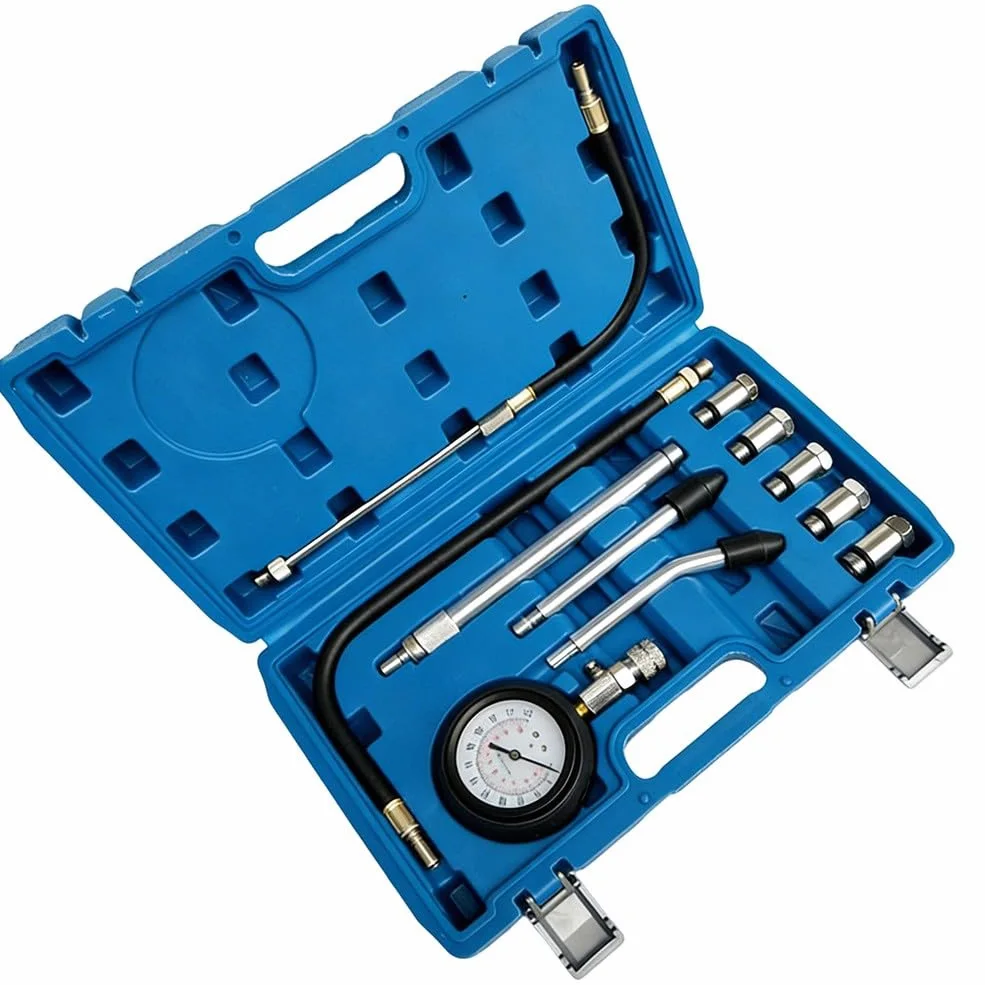 KiraKira Kit de comprobador de compresión de motor de coche, 300 PSI, juego de medidores de conexión rápida con adaptadores de 18 mm, 14 mm, 12 mm, 10 mm, 16 mm, cilindro de detección de fugas