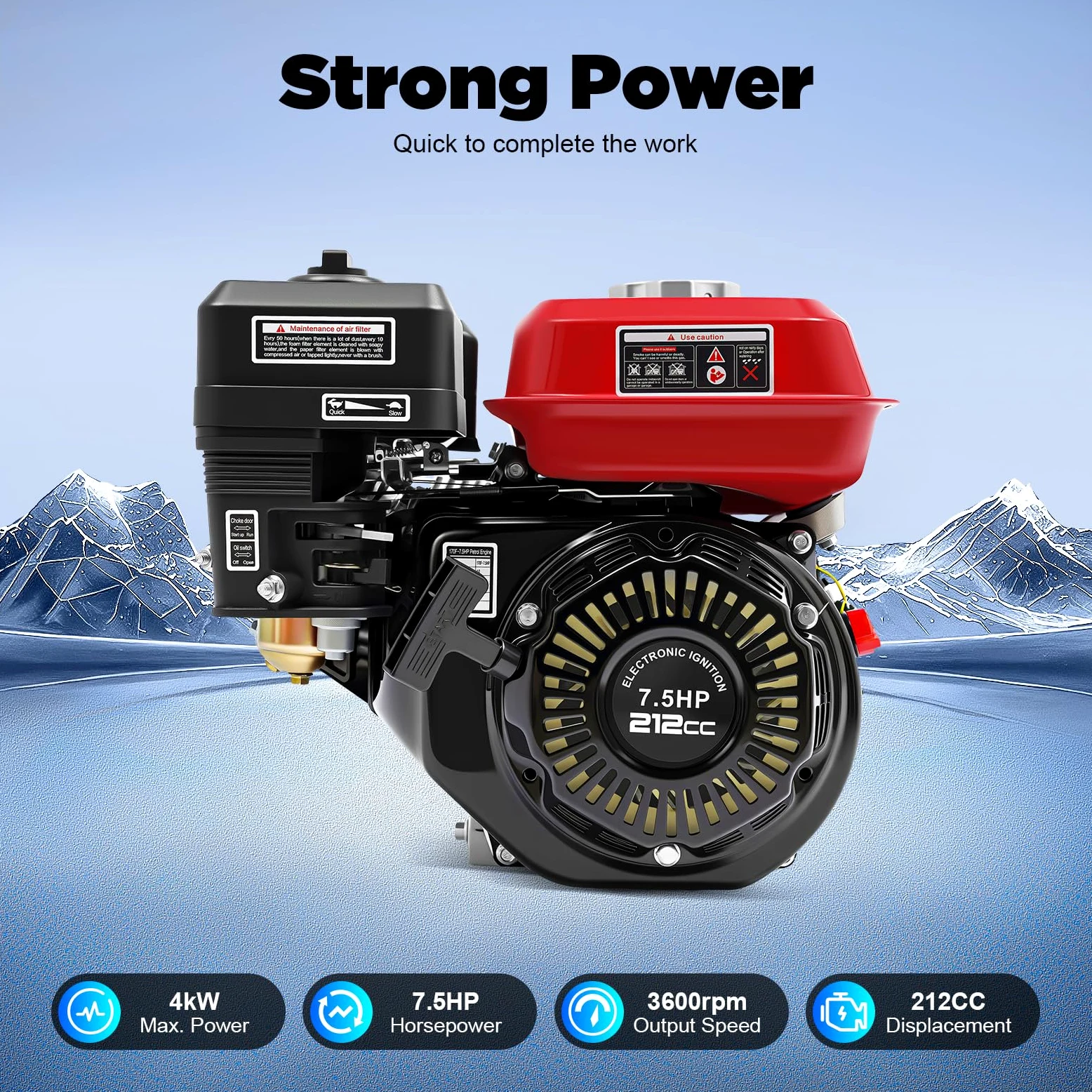 Motor de gasolina de 7,5 CV de 4 tiempos, 212 cm³, motor monocilín con función de alerta de aceite, arranque manual de 4 kW, potencia 3600 rpm, motor de repuesto para bombas de agua