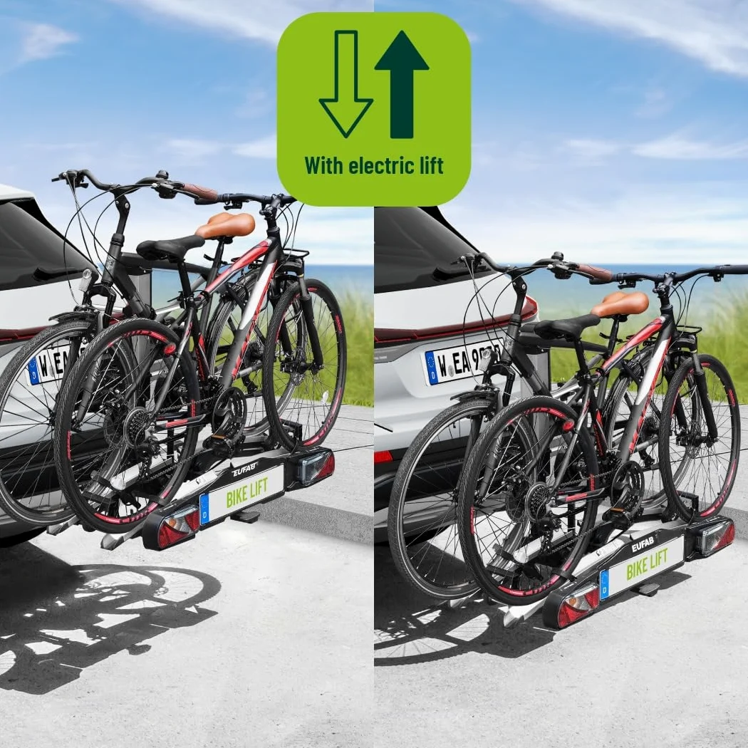 EUFAB Portabicicletas 11554 Bike Lift, Apto para Bicicleta eléctrica, Totalmente premontado, Descenso eléctrico, antirrobo, para 2 Bicicletas, para Enganche de Remolque, 2025 con Soportes de Marco de