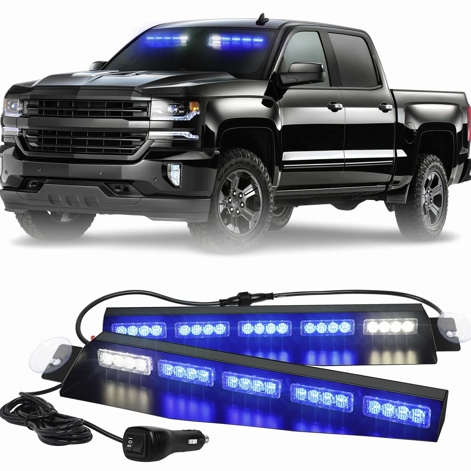 XRIDONSEN Barra de luces estroboscópicas azules de emergencia, 40 luces LED intermitentes de advertencia con soporte dividido para cubierta blanca para bomberos, vehículos de policía, camiones (2 x 17