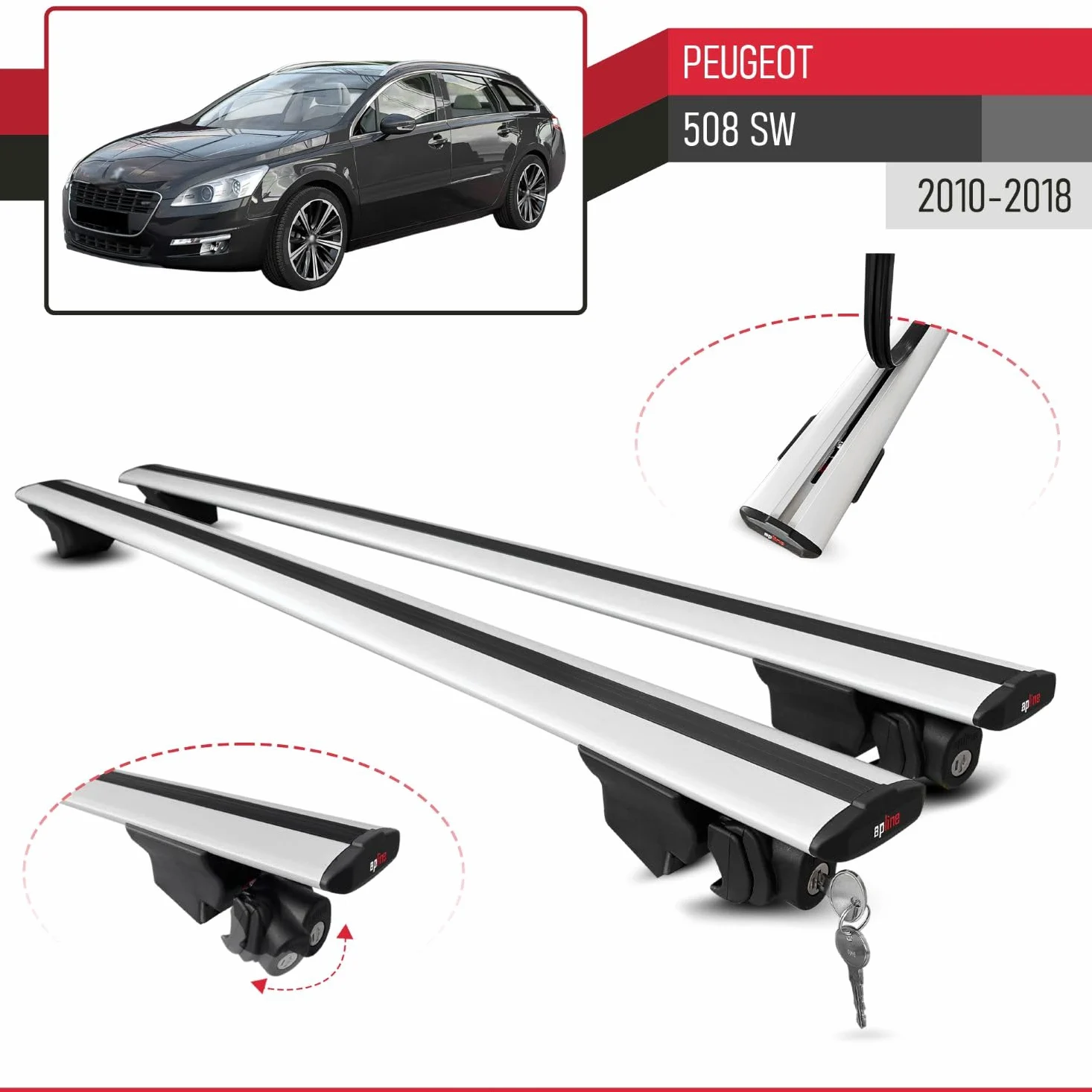 Compatible con Peugeot 508 SW 2010-2018 Modelo Hook Barra de Techo Auto Portaequipajes Barras Transversales Gris Aluminio 2 Barras