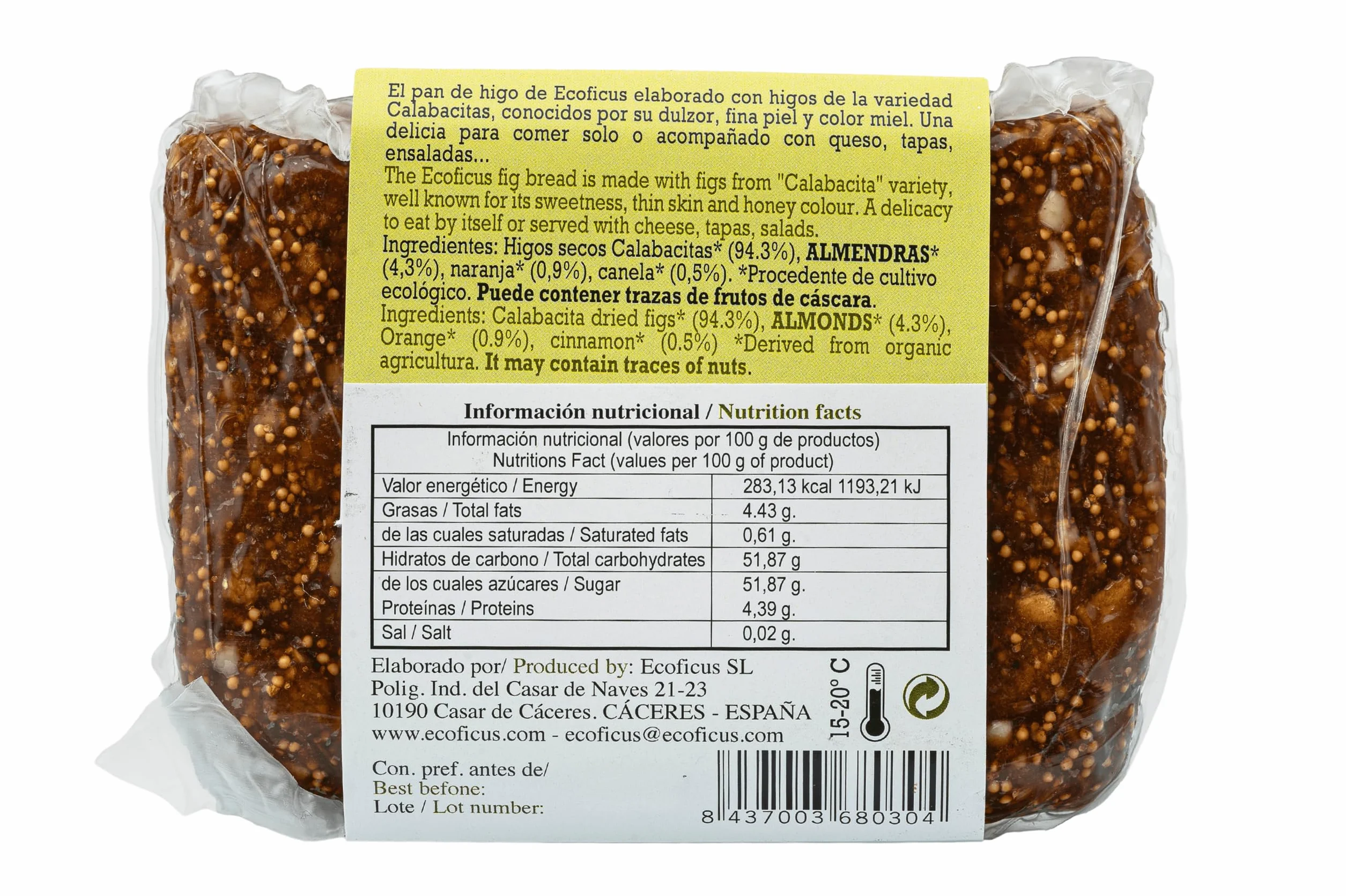 ECOFICUS Pan de higo BIO con naranja 200g Sin Gluten Vegano