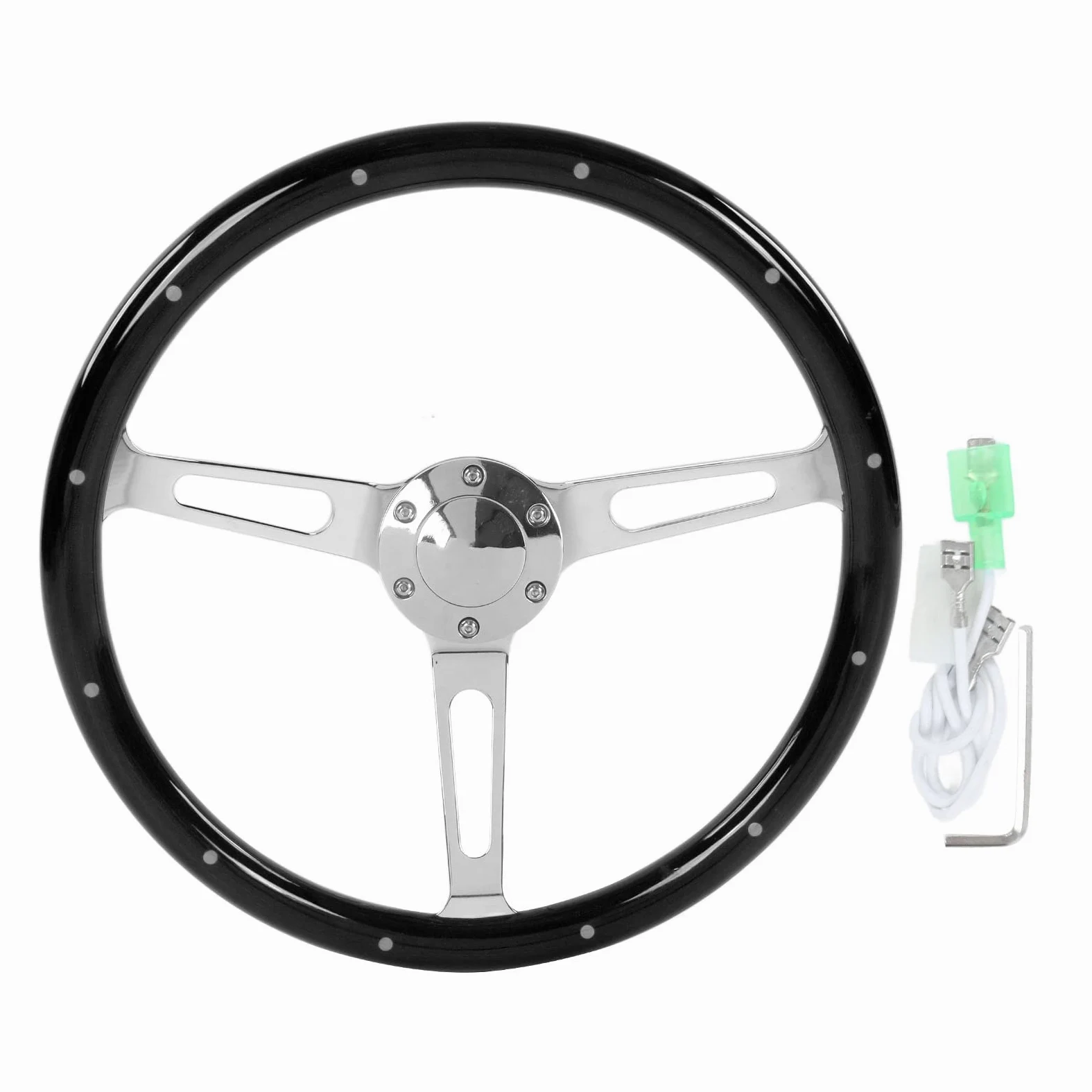 Volante Clásico, Agarre de Nogal de 15 Pulgadas, Volante de Madera de Acero Inoxidable de 3 Radios, Universal con Cubierta de Altavoz, Paquete de Tornillos y Llave para Adaptador de Cubo de