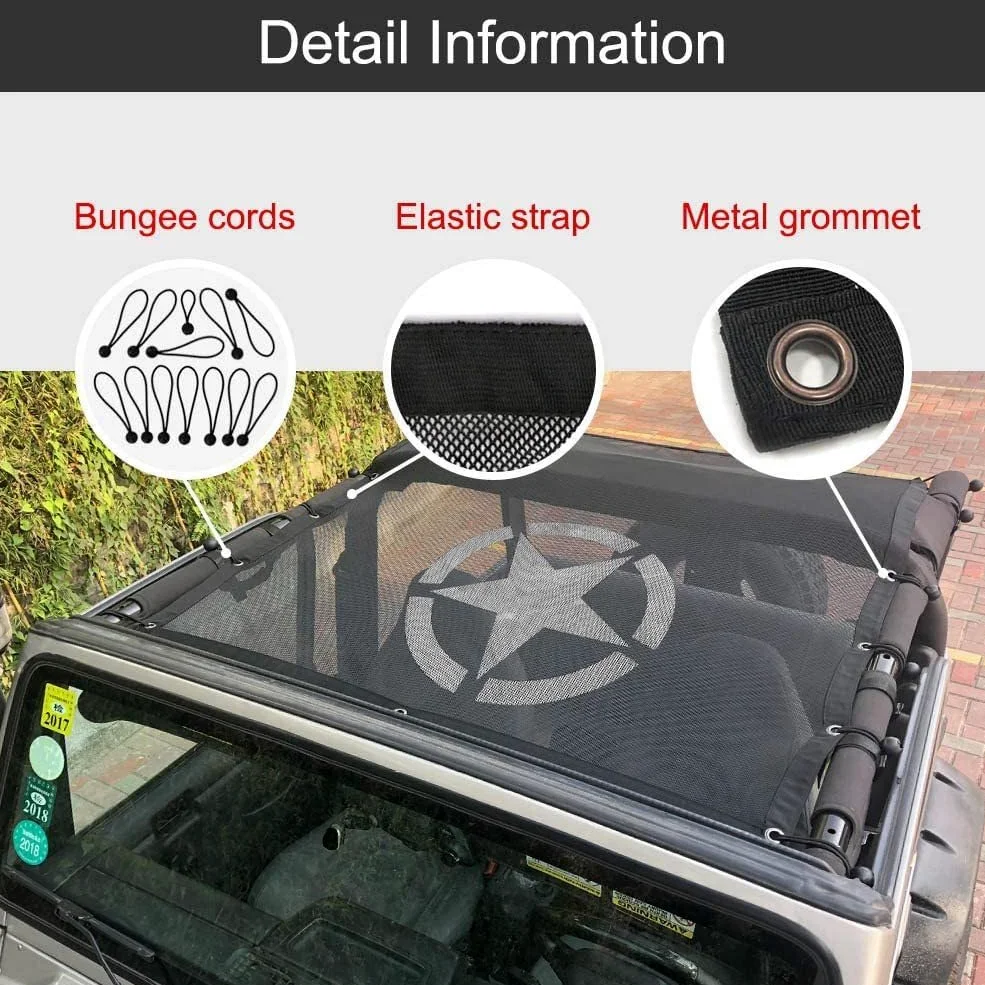 Cubierta de Malla Tipo Bikini Parasol con protección UV, Compatible con Accesorios Jeep Wrangler 1987-2006 YJ TJ, Estilo 5 Estrellas.