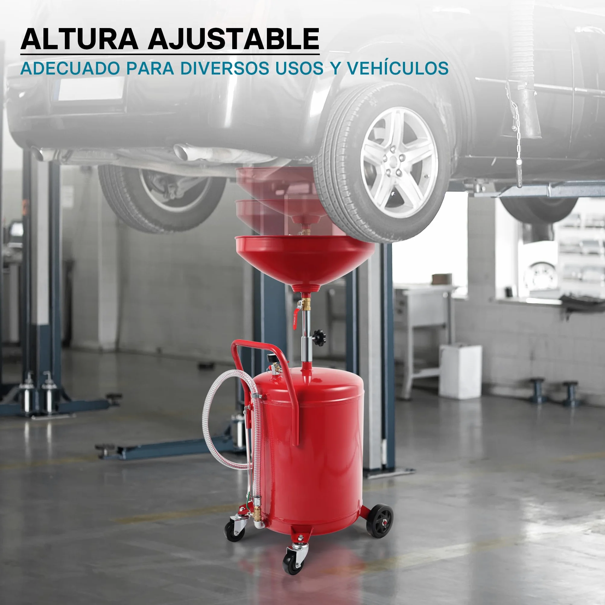 WilTec Recogedor de Aceite Usado 80l, Altura regulable122-168cm y chasis 4 Ruedas, Vaciado Aire a presión