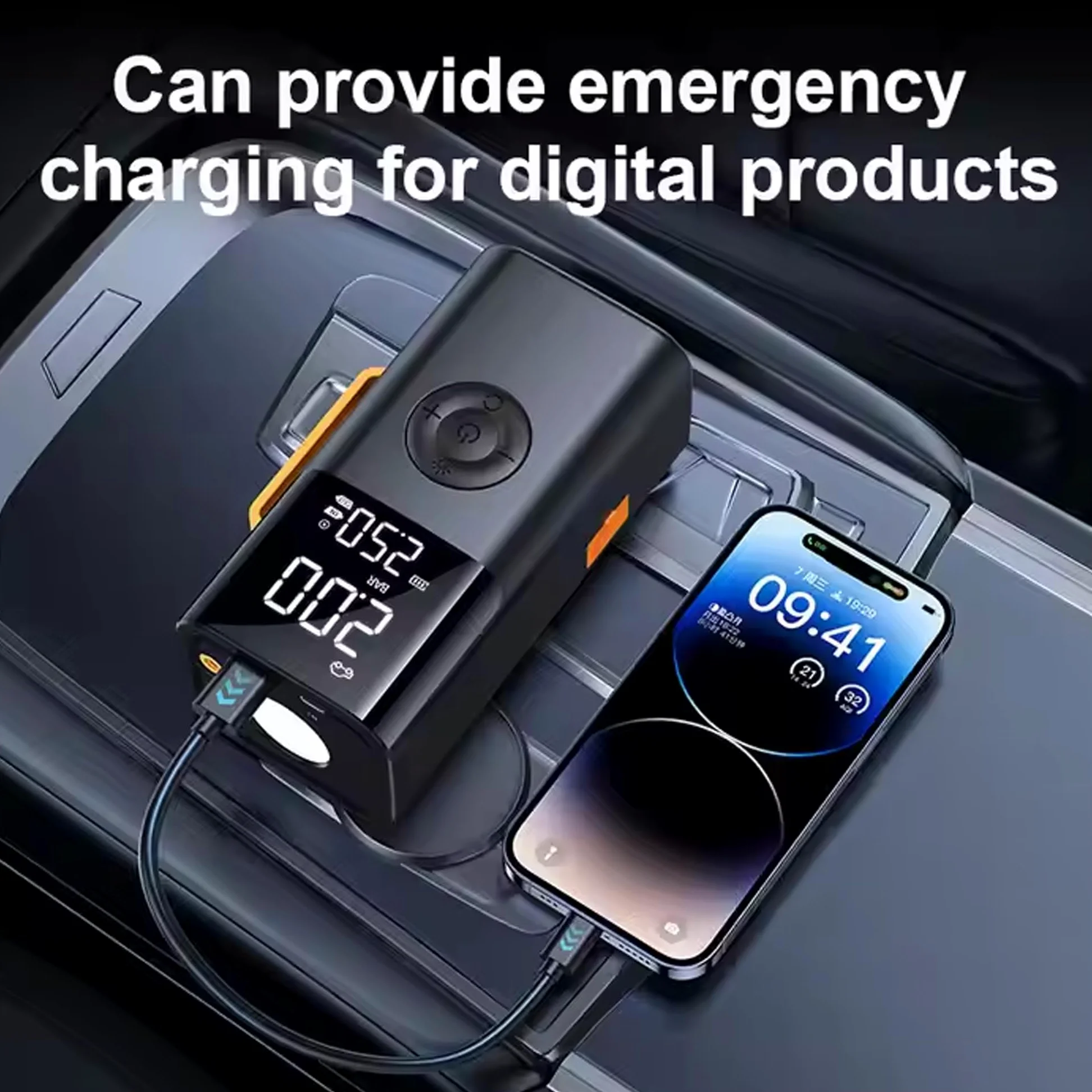Arrancador todo en uno con bomba de aire y banco de energía, inflador de neumáticos de 150 PSI, compresor de 12 V con batería de 6000 mAh, pantalla digital, luz LED de emergencia, inflado rápido