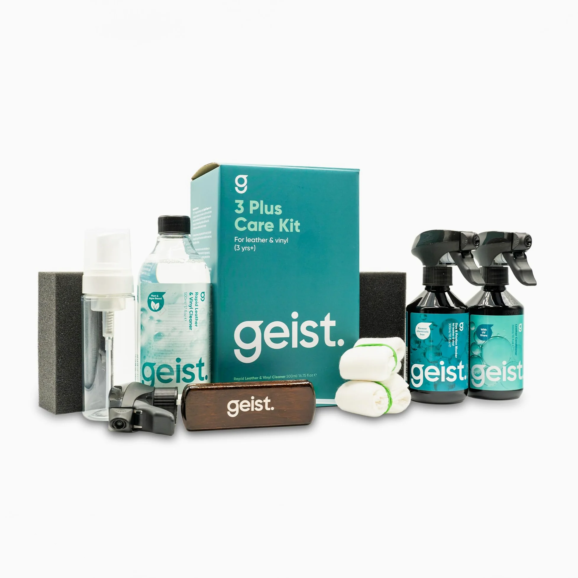 Geist. 3 Plus Care Kit para Cuero y Vinilo | Limpia, Protege contra la Transferencia de Tinte y daños por fricción, Evita Que el Cuero encoja y se agriete | para Piel a Partir de 3 años y Polipiel