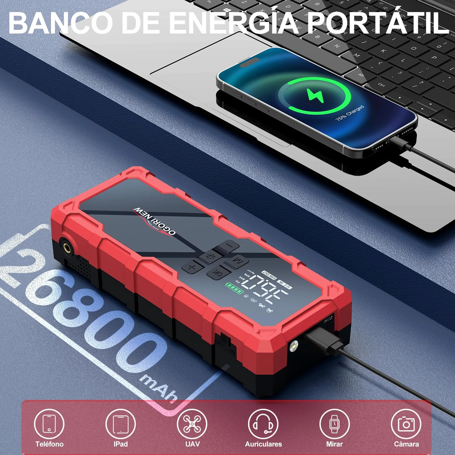 Arrancador de Coche 8000A,Arrancador de Baterias para Coche 12V con Compresor Aire Portatil(para 10L de Gasolina o 8L de Diésel),Jump Starter con Pinzas de Seguridad Inteligentes/luz LED