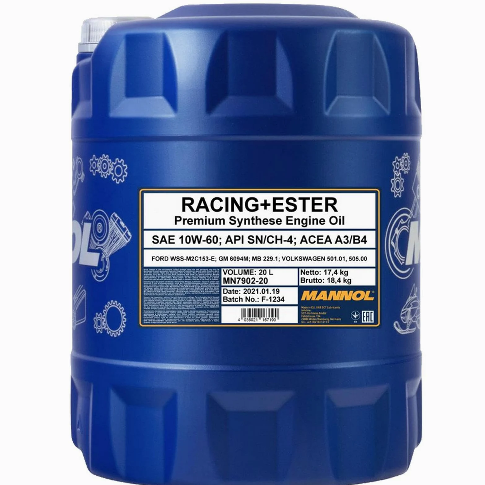 MANNOL Aceite de motor 10W-60 RACING+ESTER Aceite sintetico ACEA A3/B4 API CH-4 API SN 20L Compatible con TOYOTA AYGO WNB1, KGB1, KIA RIO III UB, SKODA Fabia II Combi 545