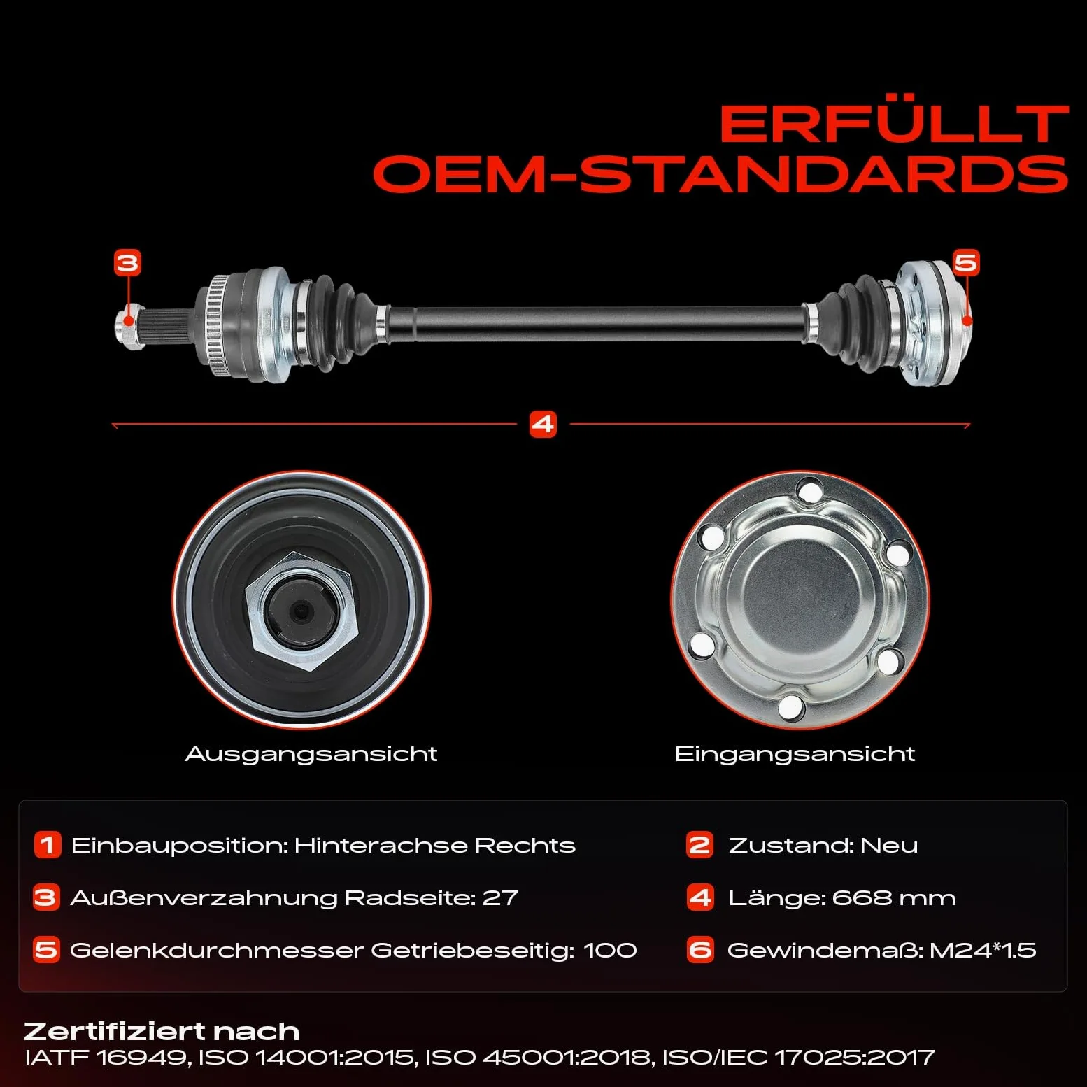 Frankberg Eje de transmisión semieje eje trasero lado derecho | con anillo Sensor de Velocidad de las Ruedas Sensor ABS; Compatible con: Serie 1 Convertible E88, Serie 1 E81