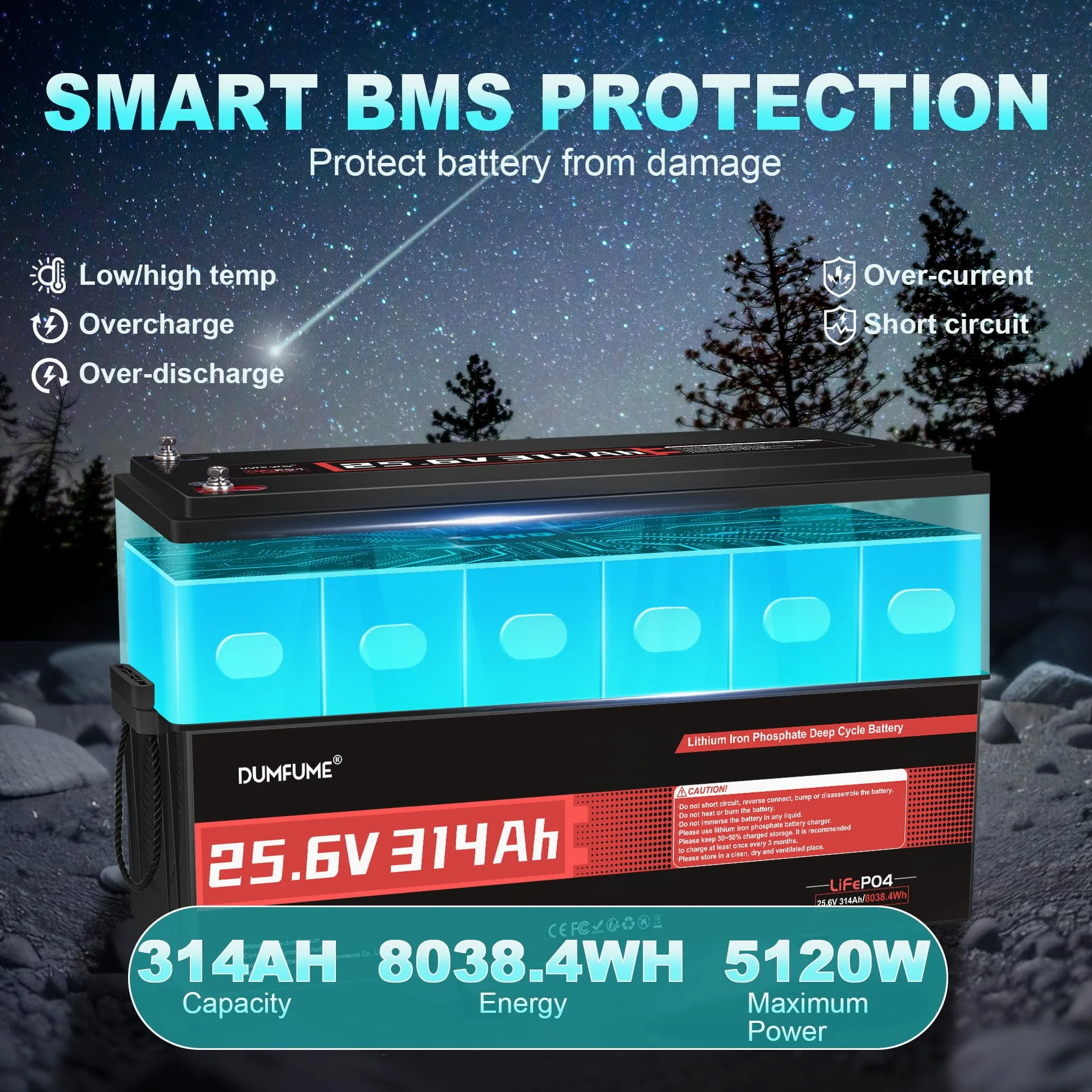 Batería Litio LiFePO4 24V 300Ah (314Ah) con 8 kWh & IP65 | BMS 200A, Energía 15.000 Ciclos, Ideal para Autocaravana, Embarcaciones y Almacenamiento Energía Doméstica