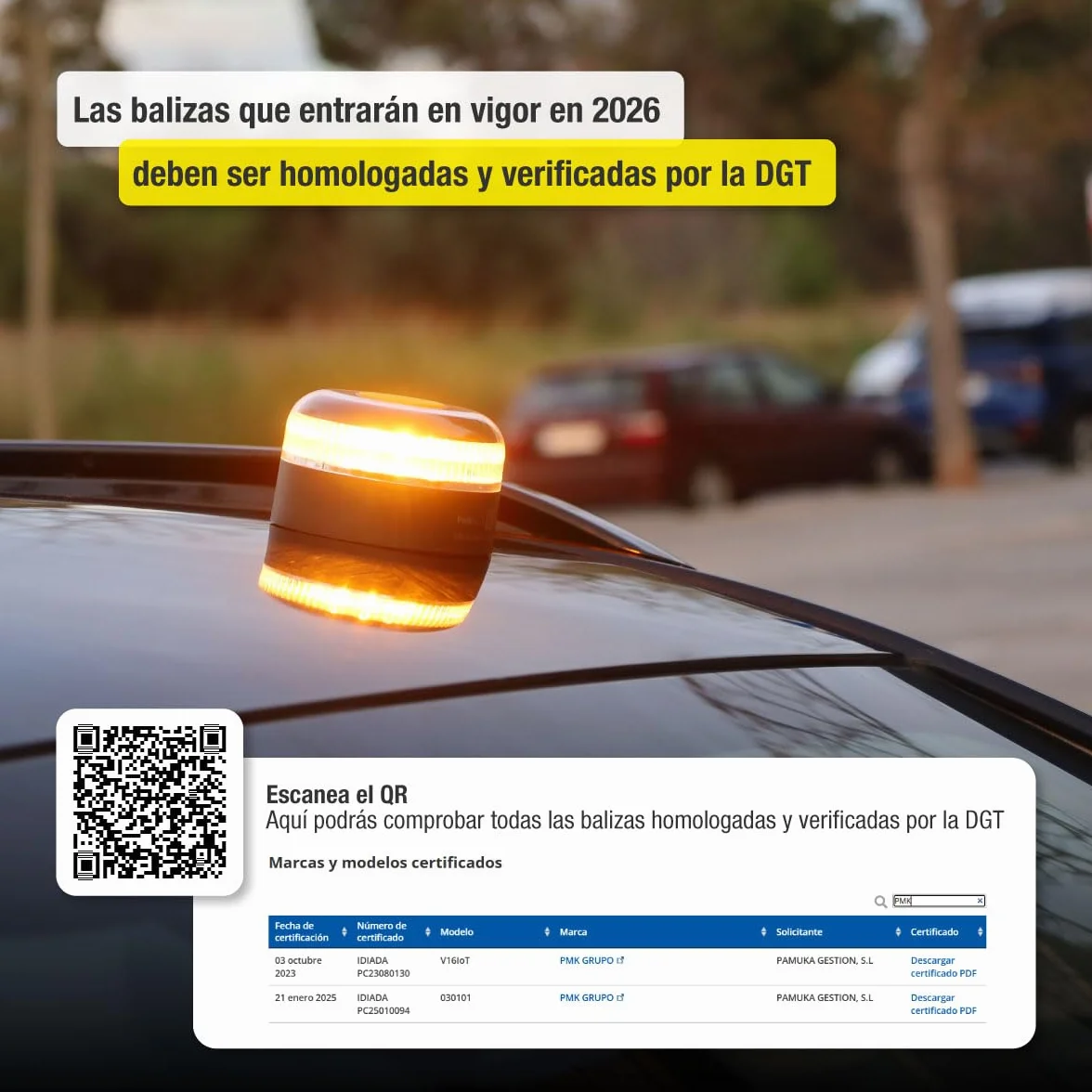 PMK GRUPO | Baliza V16 Conectada Homologada 2026 | Datos incluidos (hasta 12/2038) | Luz Emergencia LED 360º 1 km | Geolocalización GPS + SIM incluida | Conexión a DGT 3.0 | Sin App ni Suscripciones