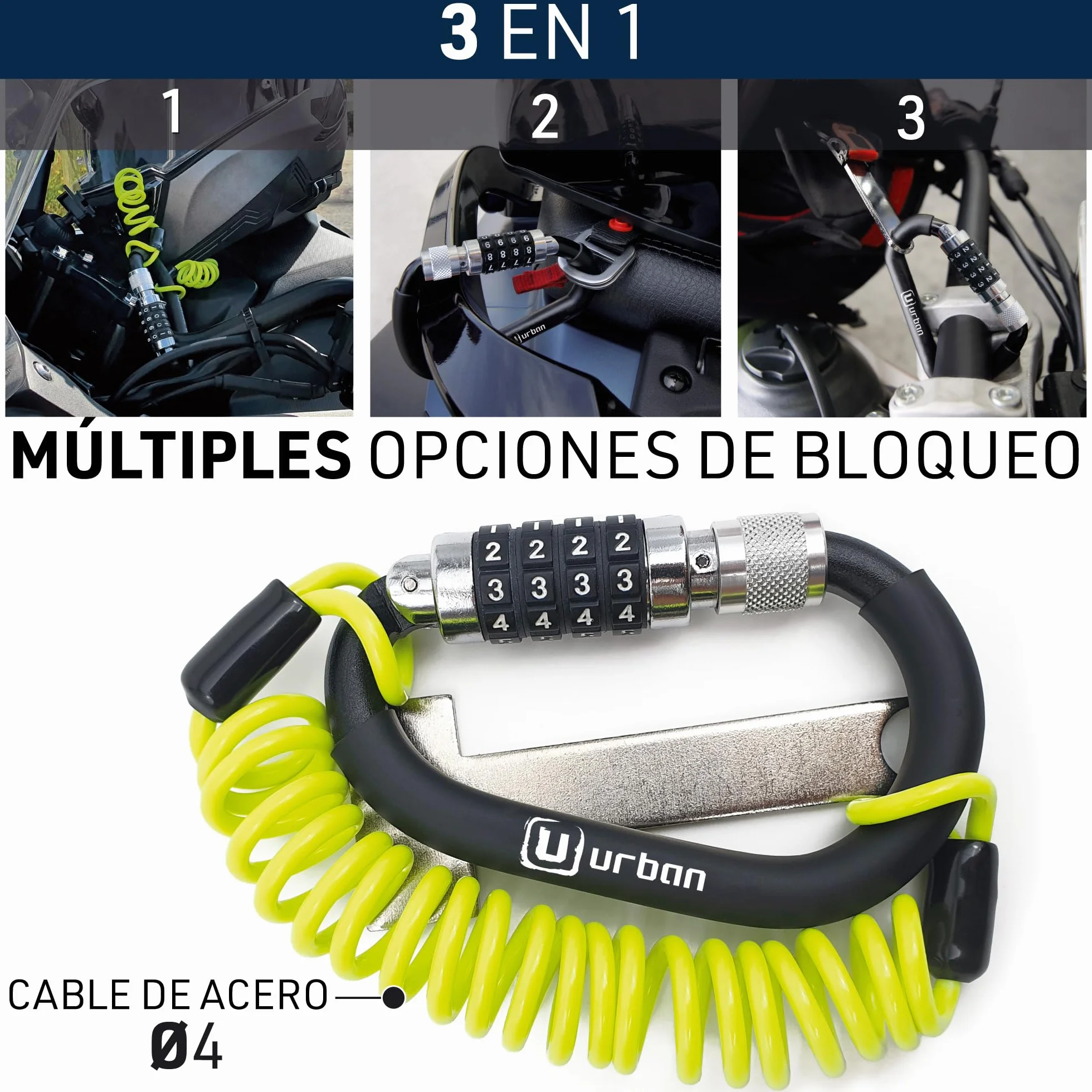 URBAN UR140 Candado Casco Moto, Mosqueton con Código 4 Digitos Más Seguro, Adaptador T Hebilla, Cable Seguridad Acero Trenzado Más Visible, Accesorio Antirrobo Universal para Casco Moto Bicicleta