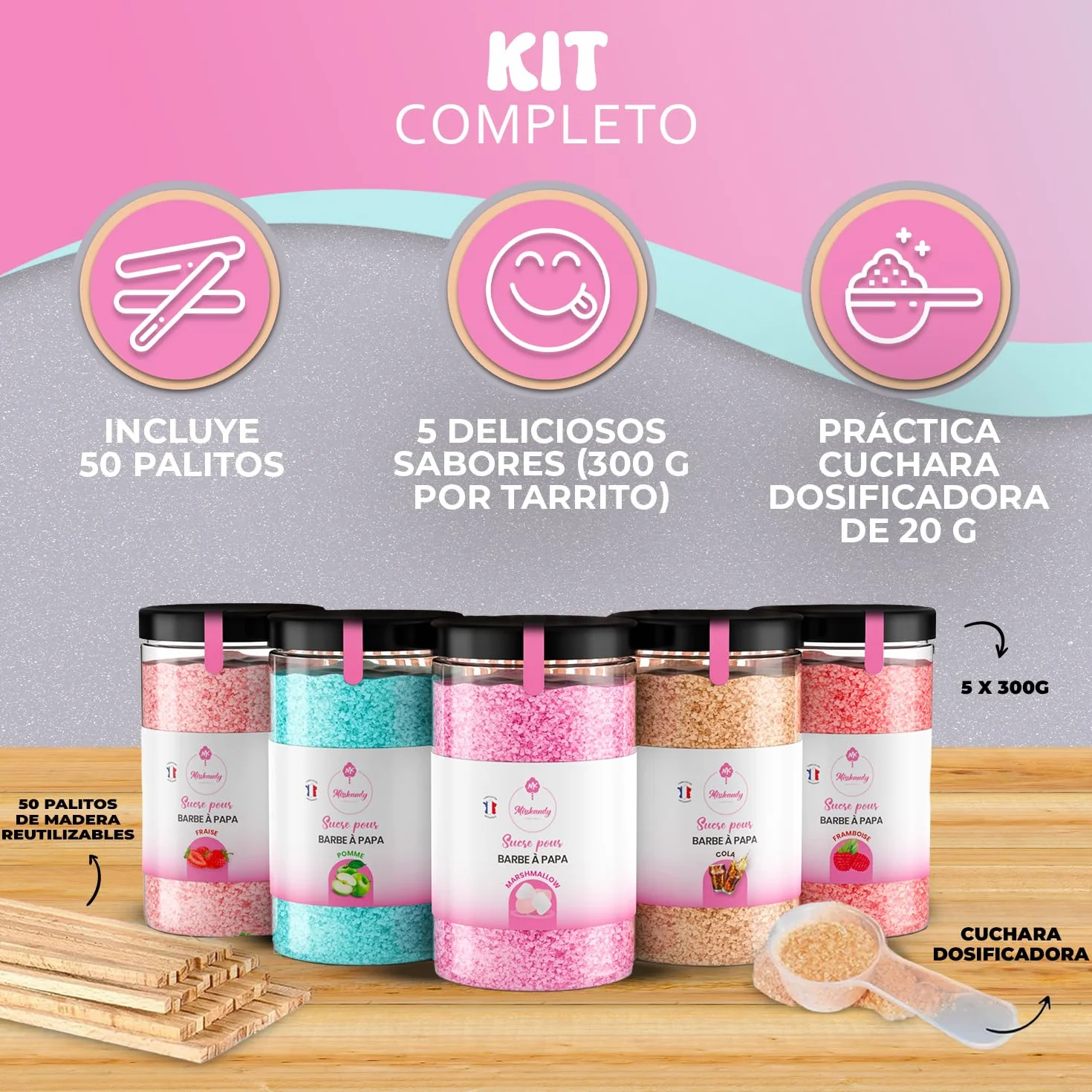 Algodón de azúcar Misskandy para máquina 1,5kg sabores fresa, manzana, malvavisco, cola, frambuesa + 50 barritas 30cm