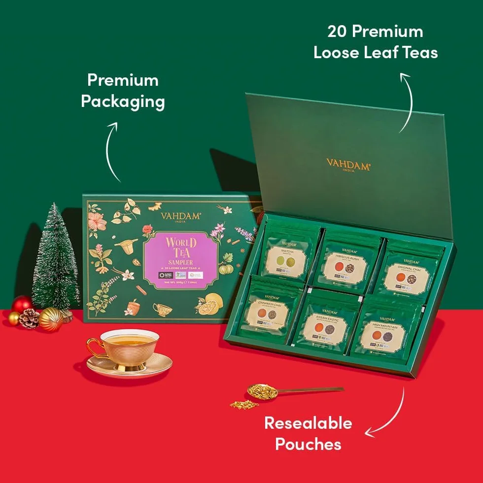 VAHDAM Set Regalo Tés del Mundo | 20 Tés a Granel, 100 Porciones | Té Negro, Verde, Oolong, Blanco, Chai y Herbal | Sin Gluten y No-OGM