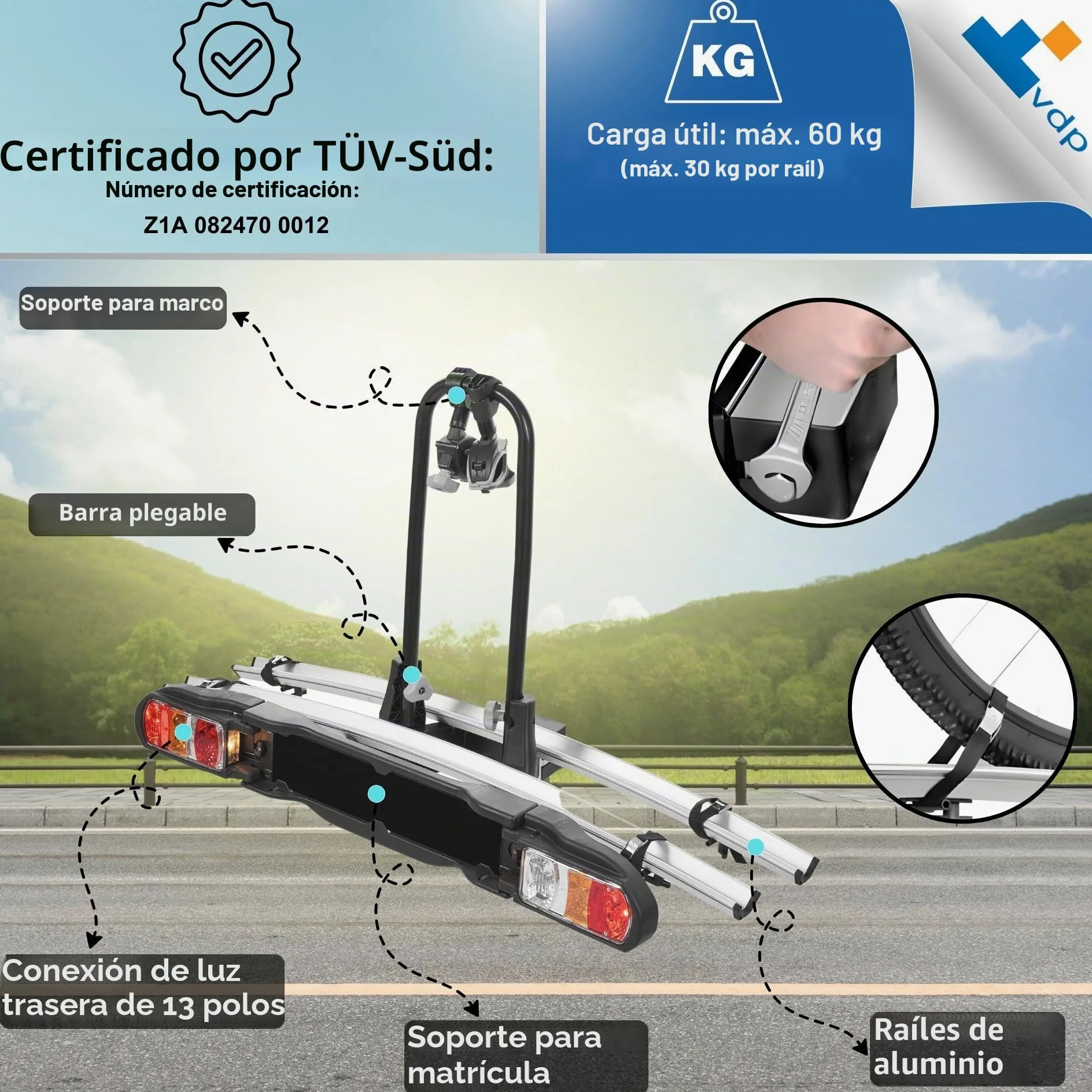 VDP Portabicicletas E-Bike para 2 Bicicletas - Carga de 60 kg - Testado por TÜV