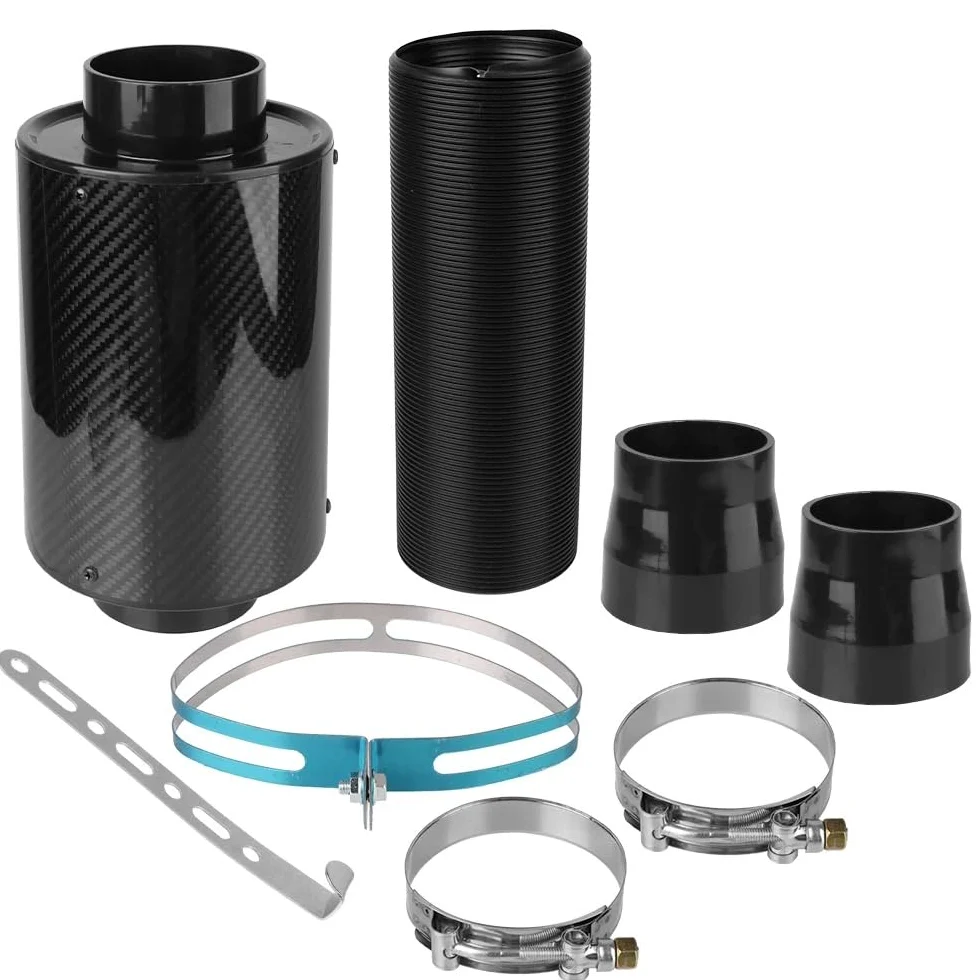 Conjunto de filtro de aire Caja de aire Filtro de aire frío de fibra de carbono para coche, caja de filtro de entrada de fibra de inducción cerrada, Kit de manguera de tubo Universal, 1 Juego