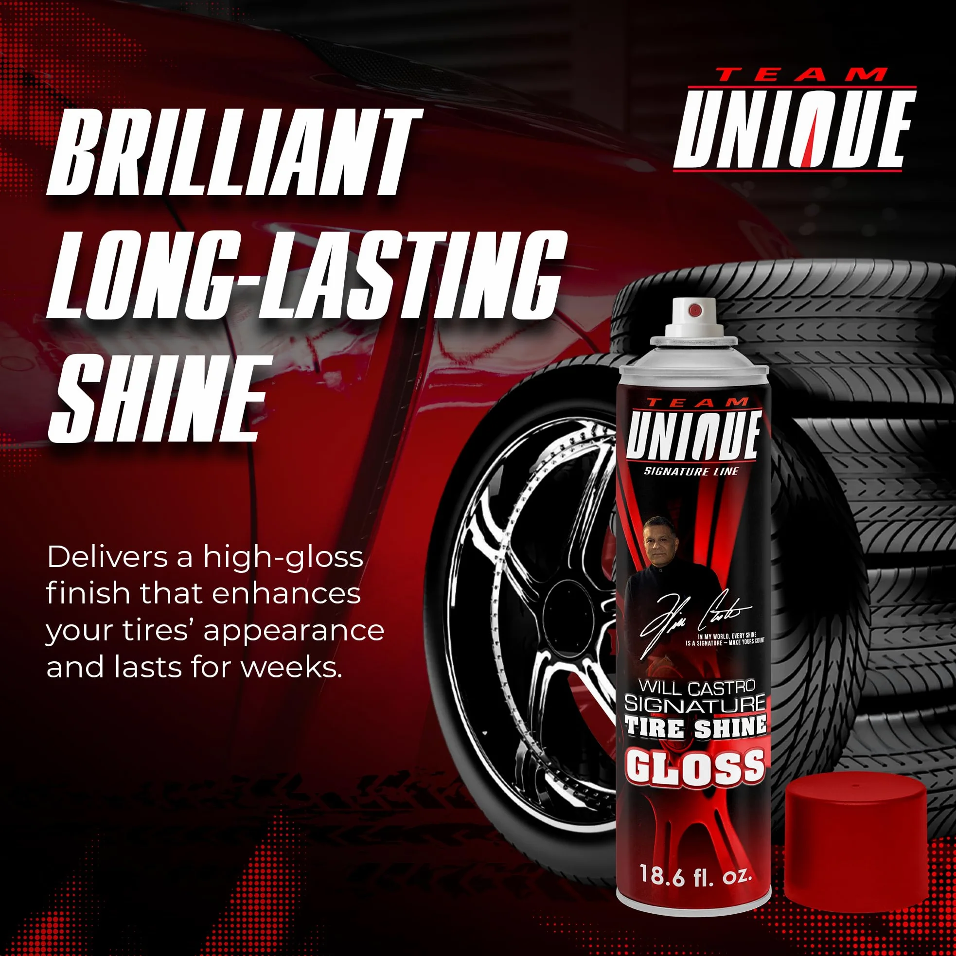 Team Unique Brillo de neumáticos – 18 onzas, paquete de 12 | Fórmula de alto brillo para un máximo brillo de neumáticos | Protege contra grietas y decoloración | Spray no graso y de baja caída para
