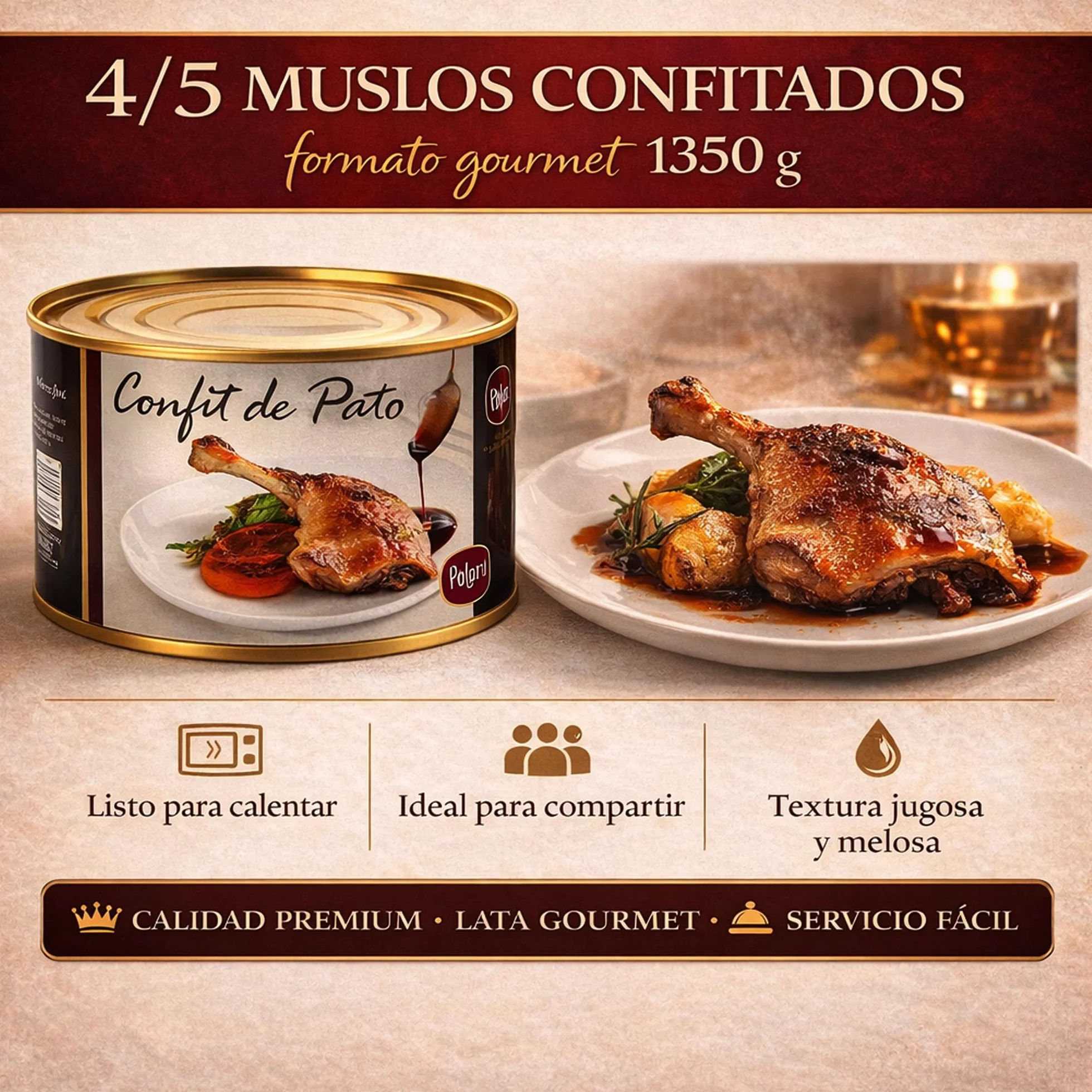 POLGRI Confit de Pato Muslos Confitados Gourmet 1350 g 4/5 Unidades Carne de Caza Premium Receta Manchega