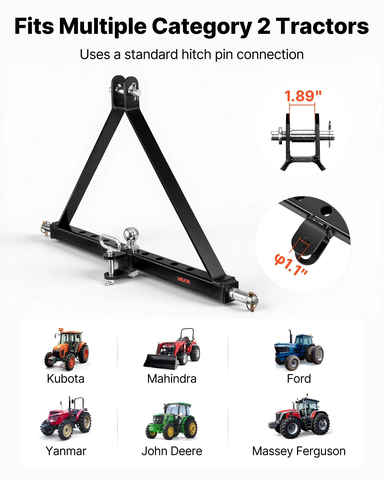VEVOR Enganche de Remolque de 3 Puntos, Adaptador de Acoplamiento con Enganche de Cabeza Esférica, Compatible con Tractores de Categoría 2 de Kubota Mahindra Ford Yanmar John Deere Massey Ferguson