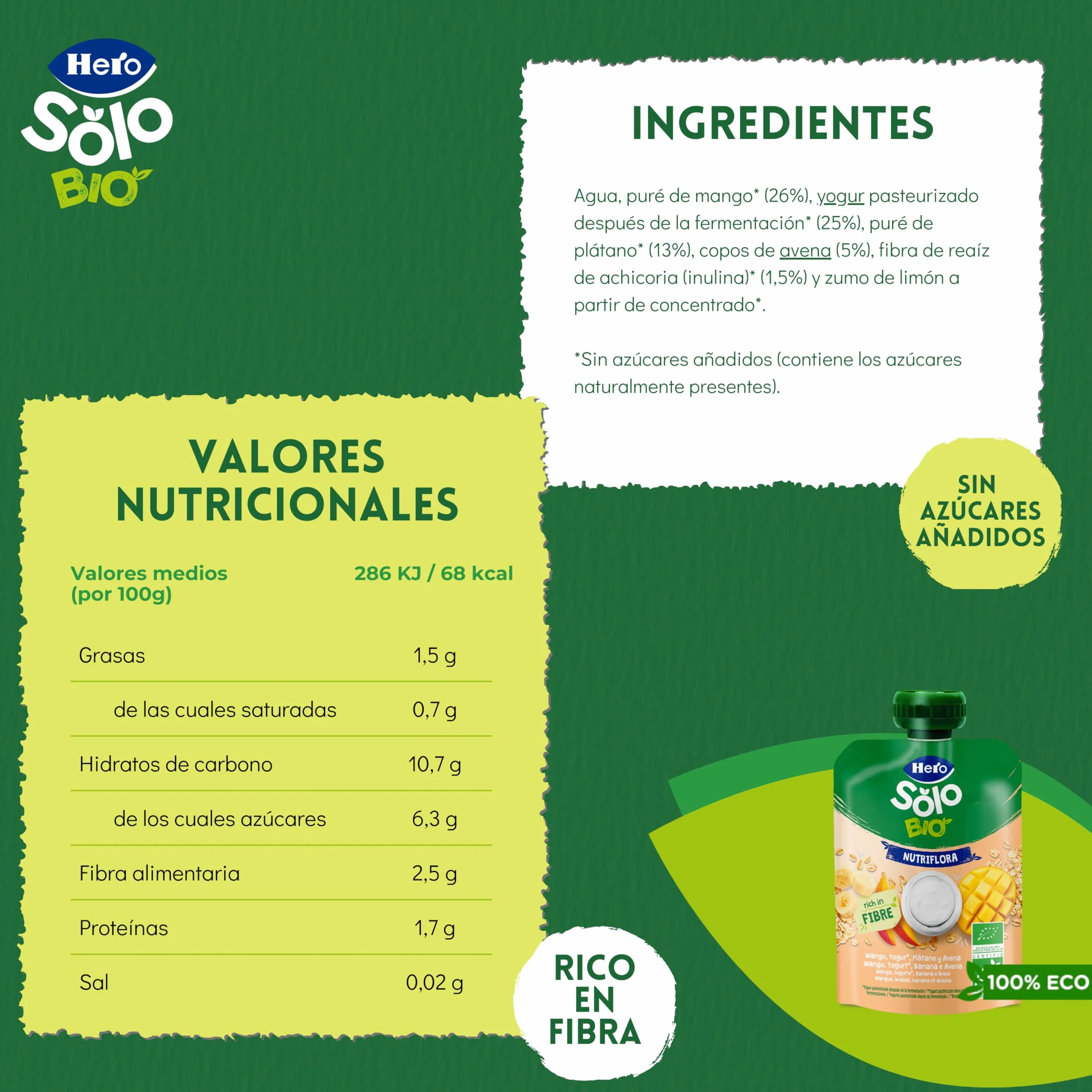 Bolsitas Ecológicas de Mango, Platáno, Yogur y Avena 100gr Hero Solo
