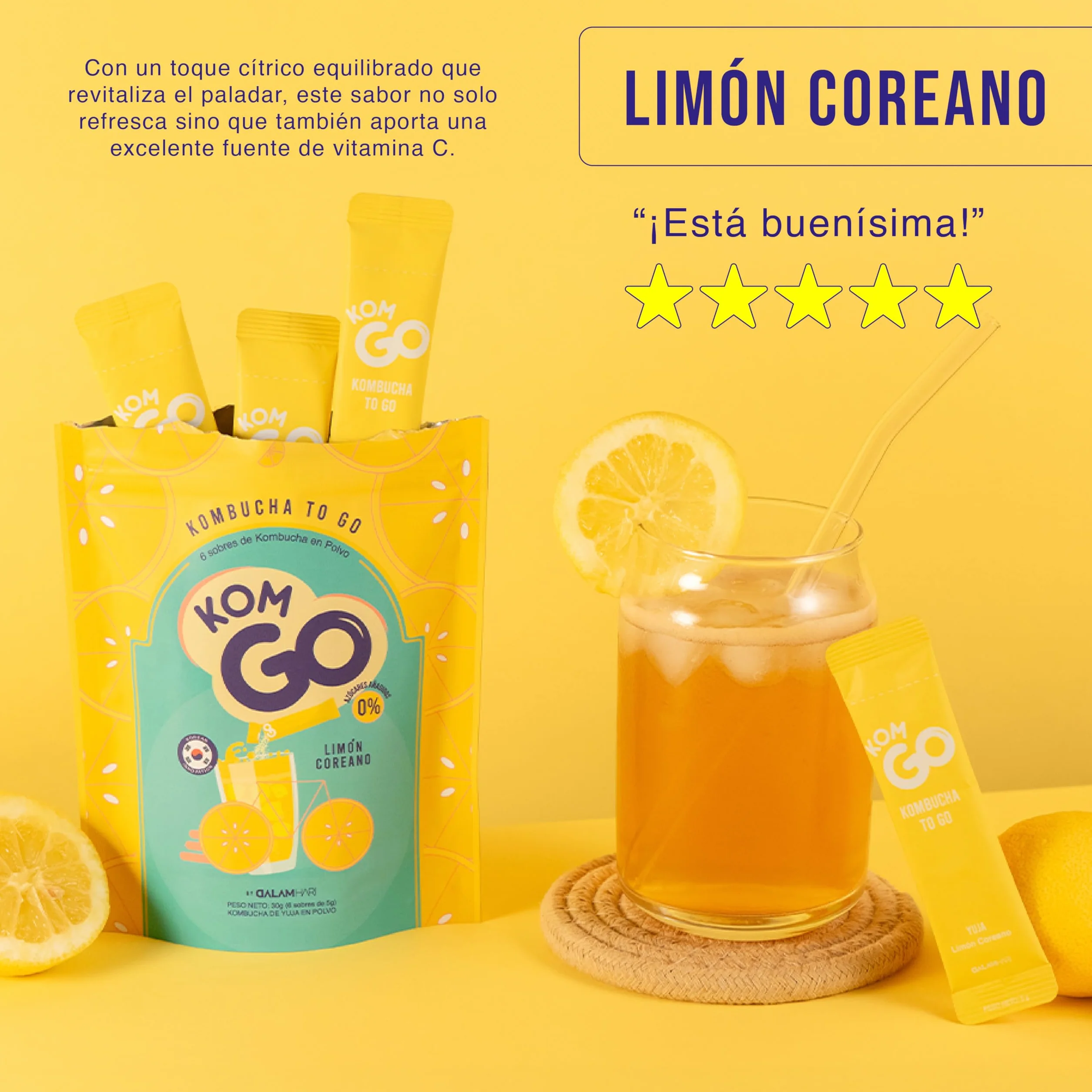 KOMGO Kombucha en Polvo Bebida Instantánea con Probióticos y Antioxidantes 15 Kcal Limón Coreano