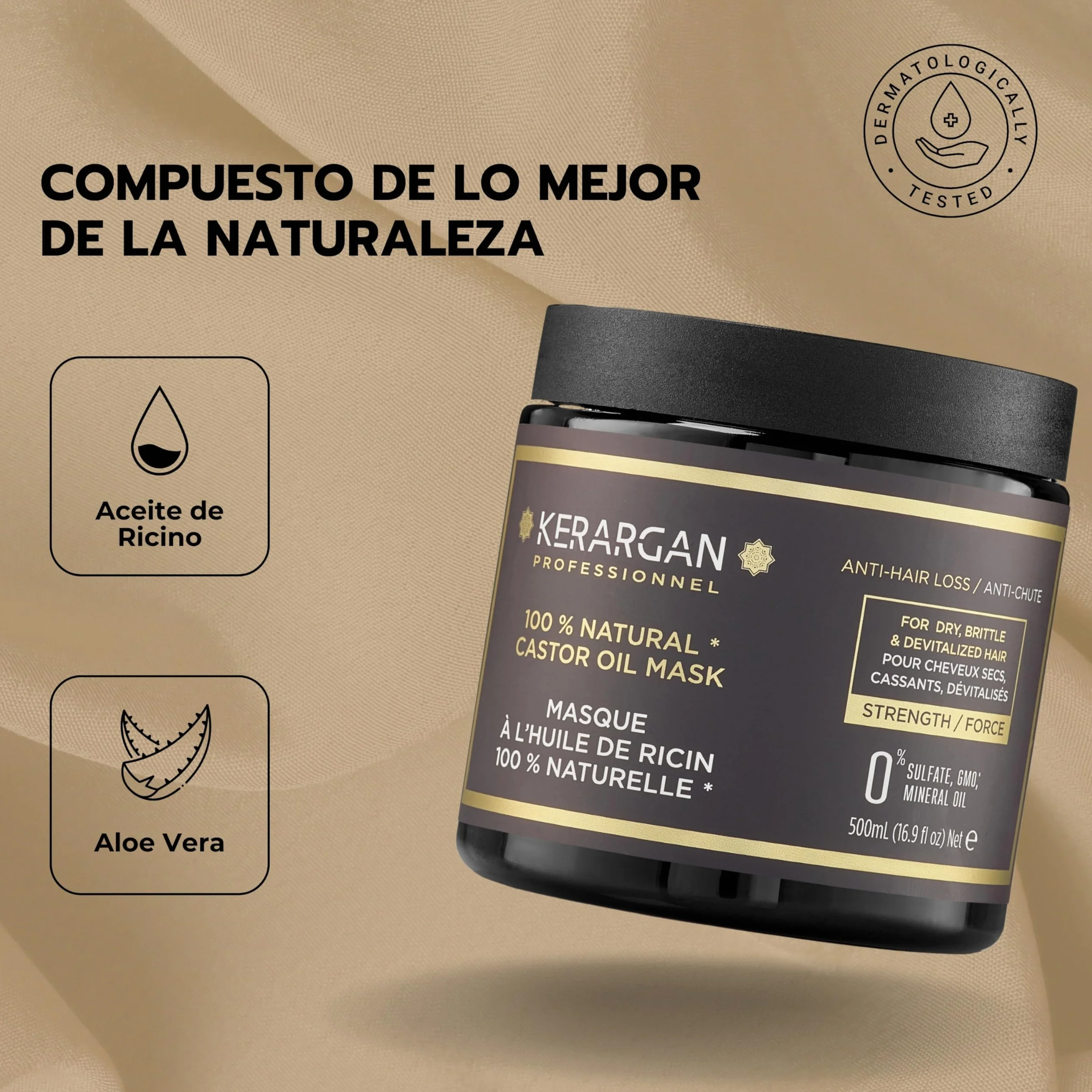 Kerargan Mascarilla Capilar Anti-Caída con Aceite de Ricino, Aloe Vera - 500ml